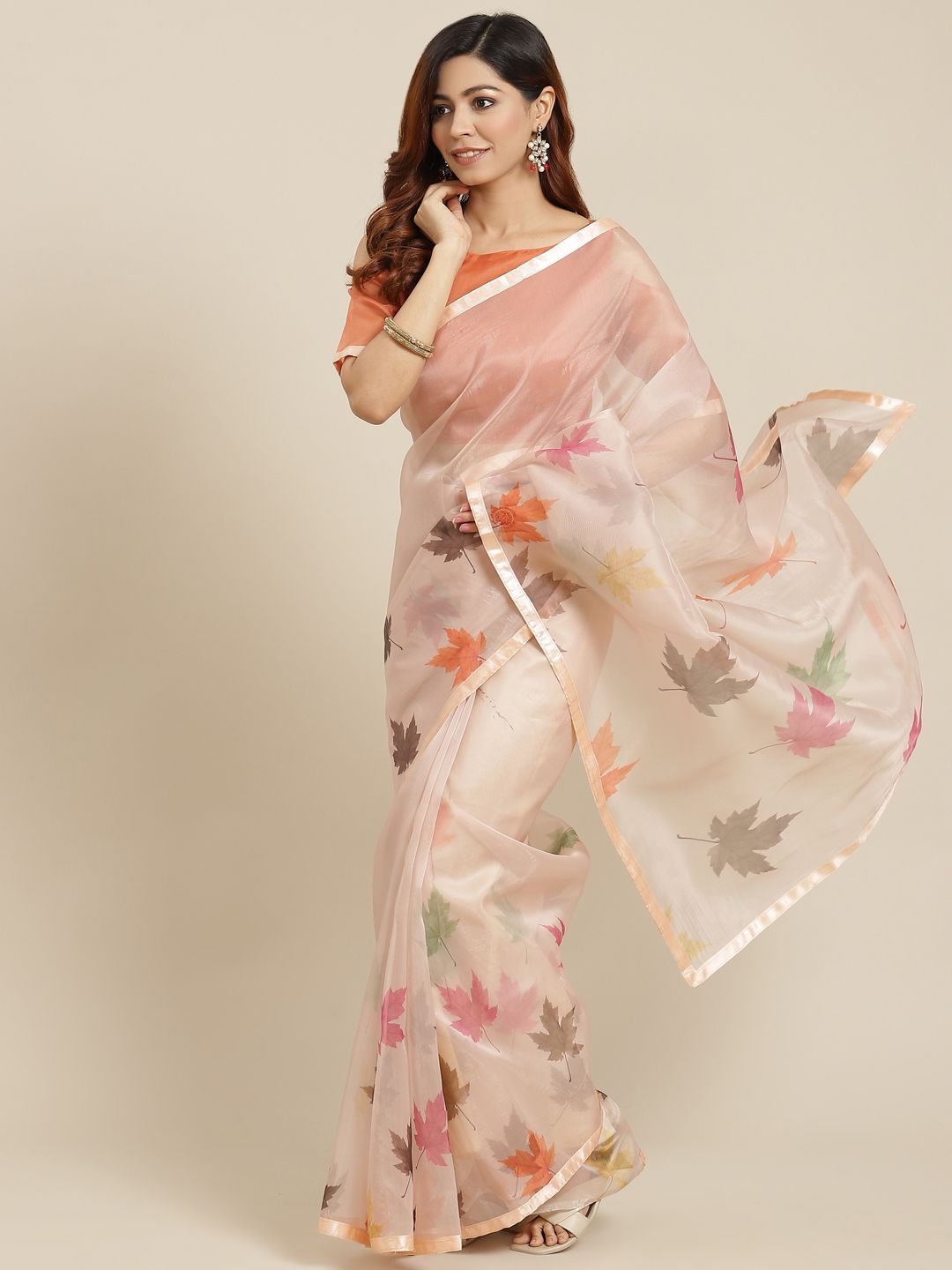 Mitera Peach-Coloured & Pink Floral Organza Saree Price in India