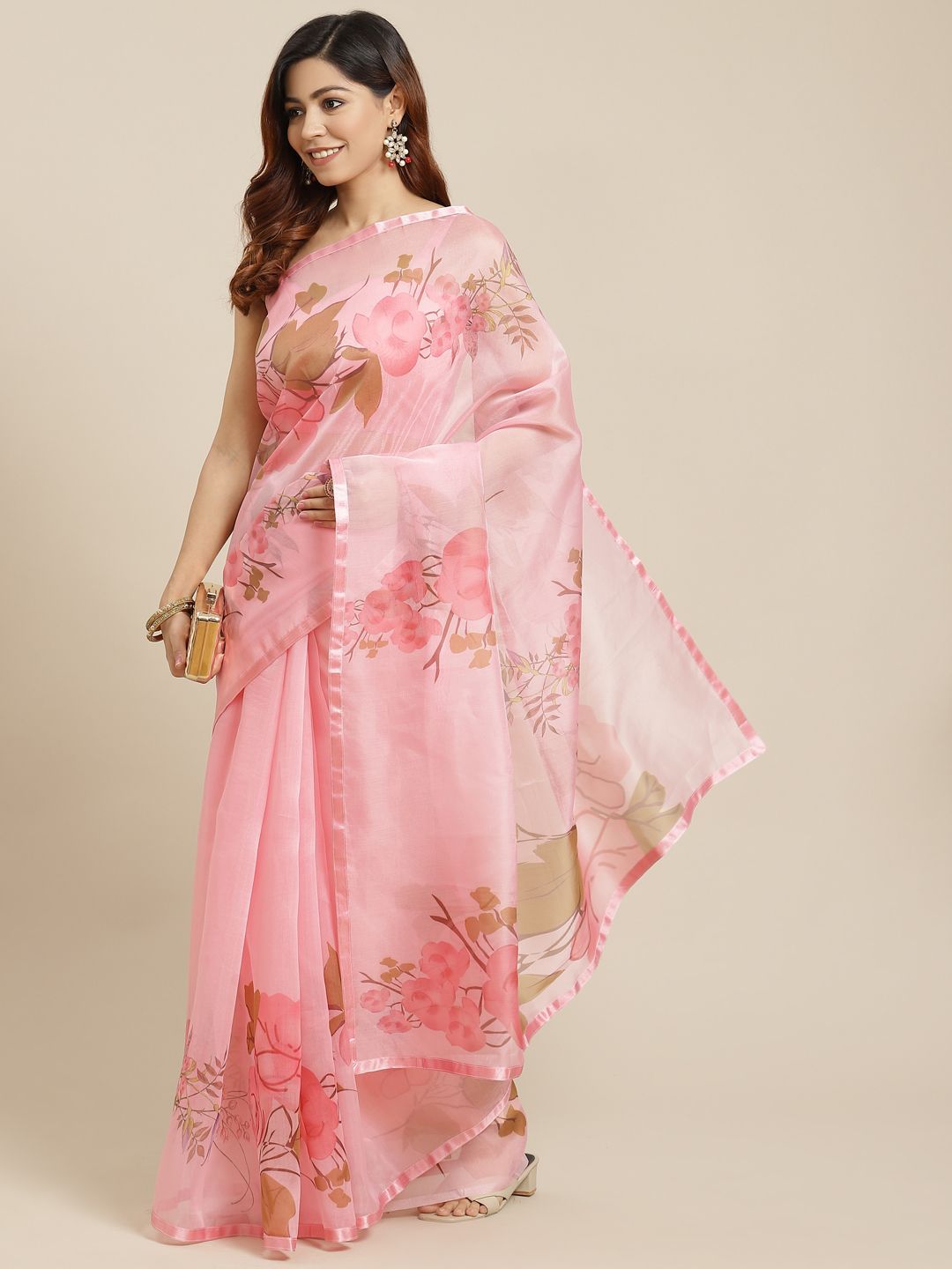 Mitera Pink Floral Print Organza Saree Price in India