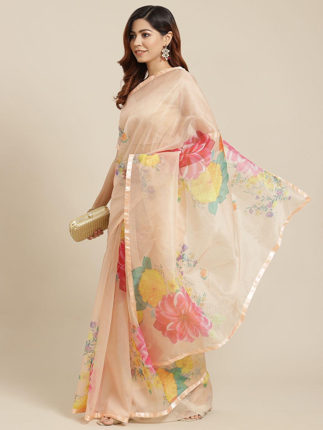 Mitera Beige Floral Print Organza Saree Price in India