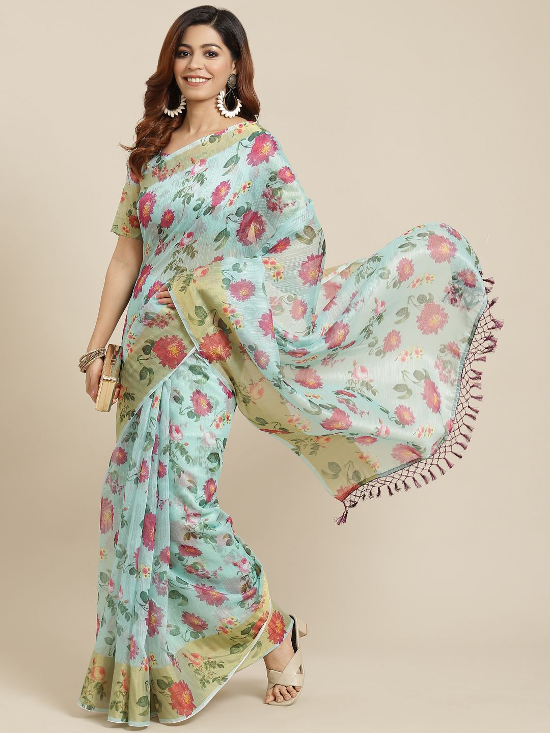 Mitera Blue & Magenta Floral Print Linen Blend Saree Price in India