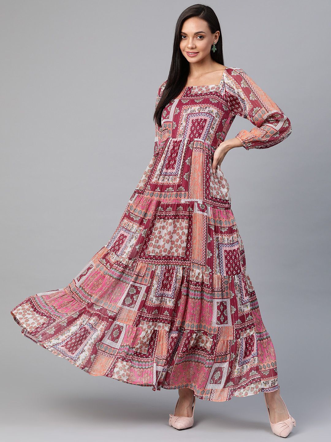 Cottinfab Pink & Peach-Coloured Ethnic Motifs Tiered Maxi Dress Price in India