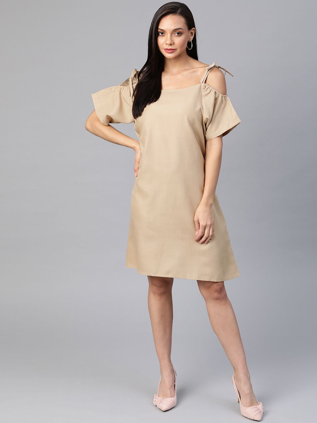 Cottinfab Beige Solid Pure Cotton A-Line Dress Price in India