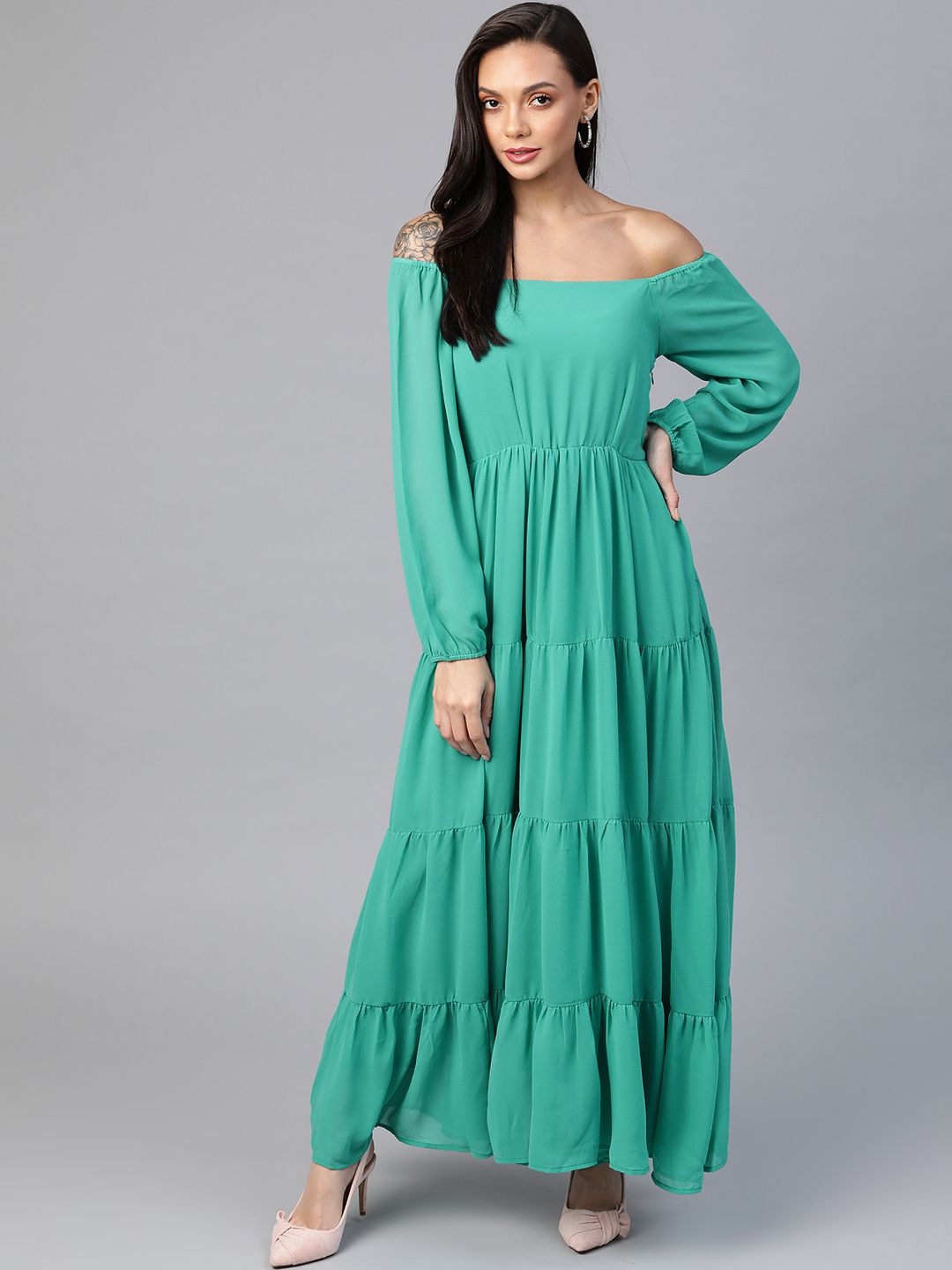 Cottinfab Green Solid Off-Shoulder Tiered Gathered Maxi Dress Price in India