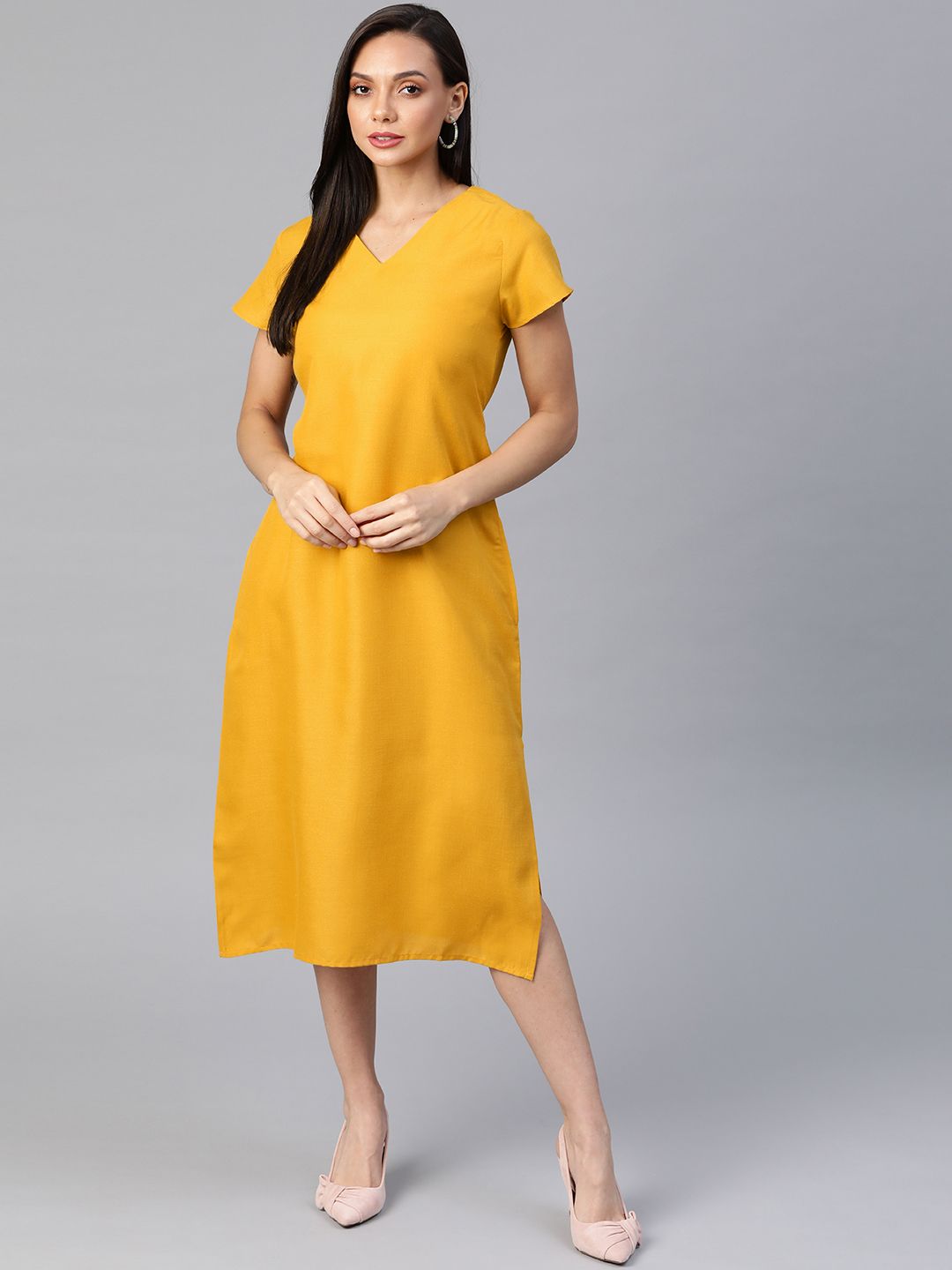 Cottinfab Mustard Yellow Solid Pure Cotton A-Line Midi Dress Price in India