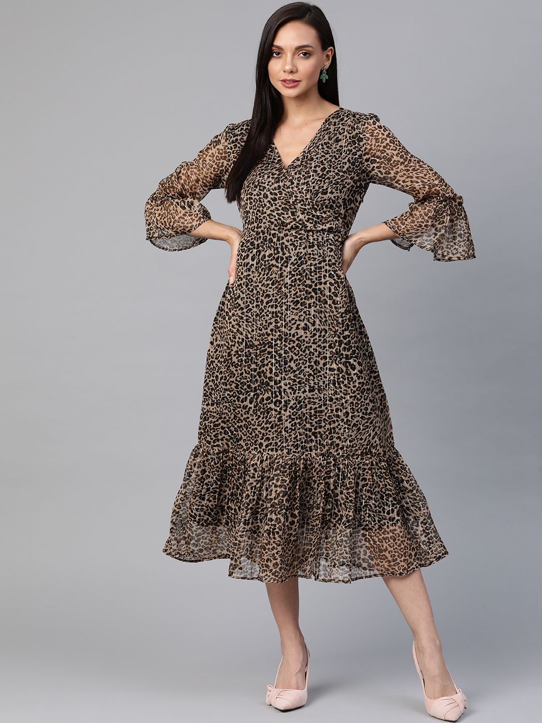 Cottinfab Beige & Black Animal Print Midi Wrap Dress Price in India
