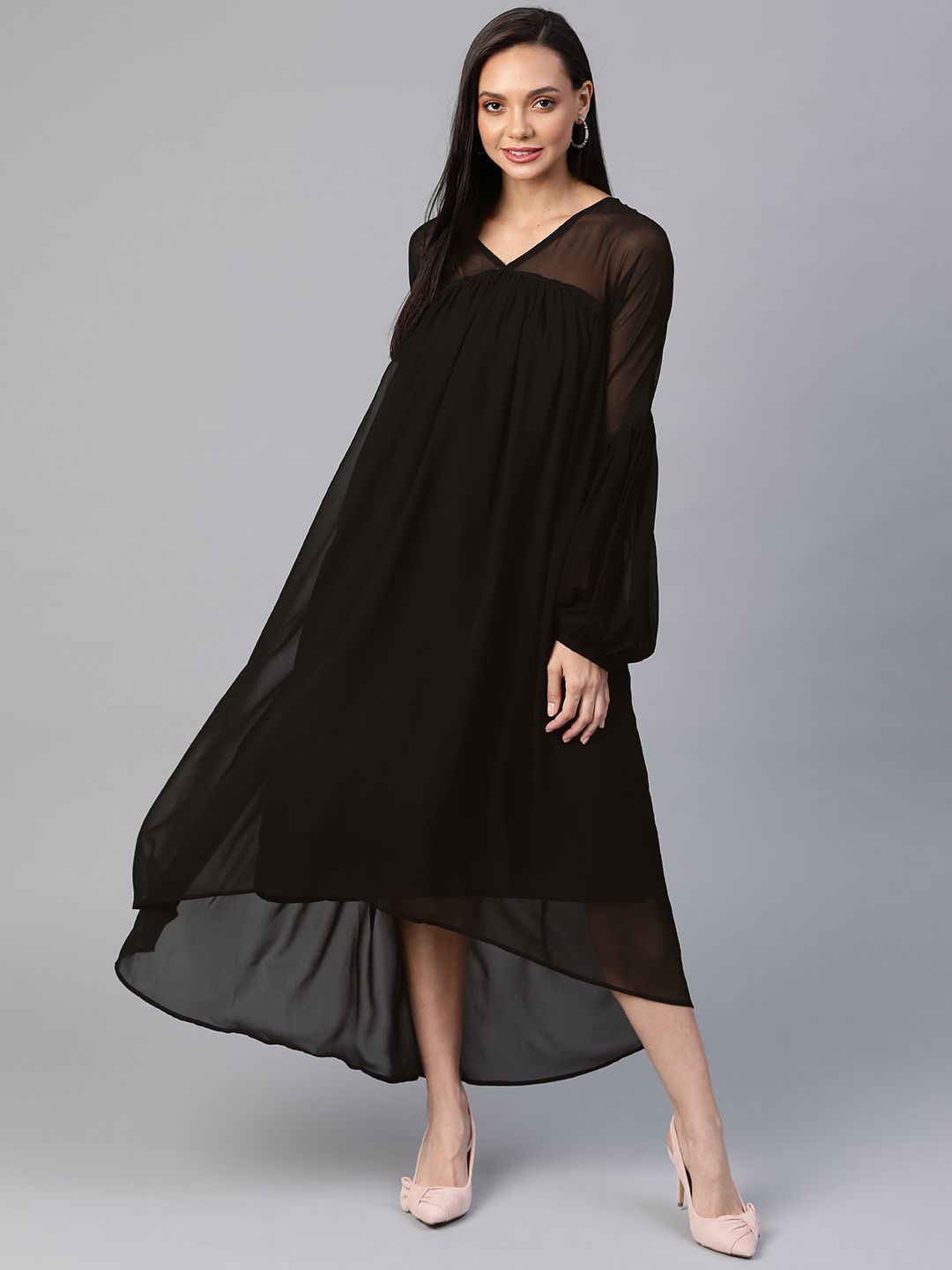 Cottinfab Black Solid High-Low Maxi Dress Price in India