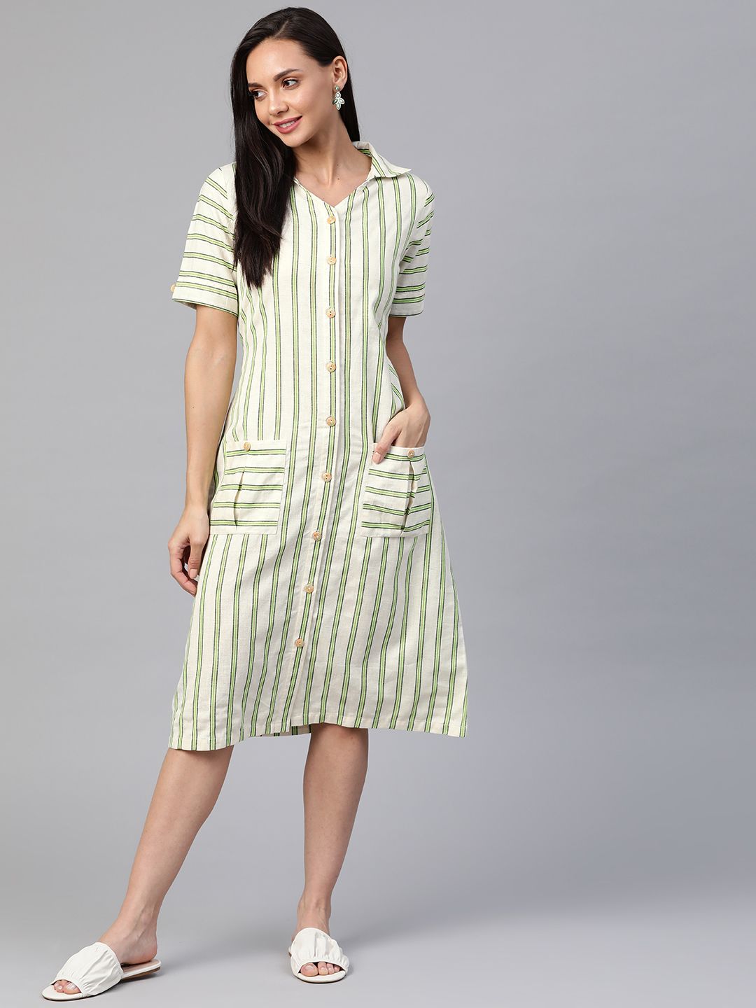 Cottinfab Off White & Green Striped Shirt Knee-Length Dress Price in India