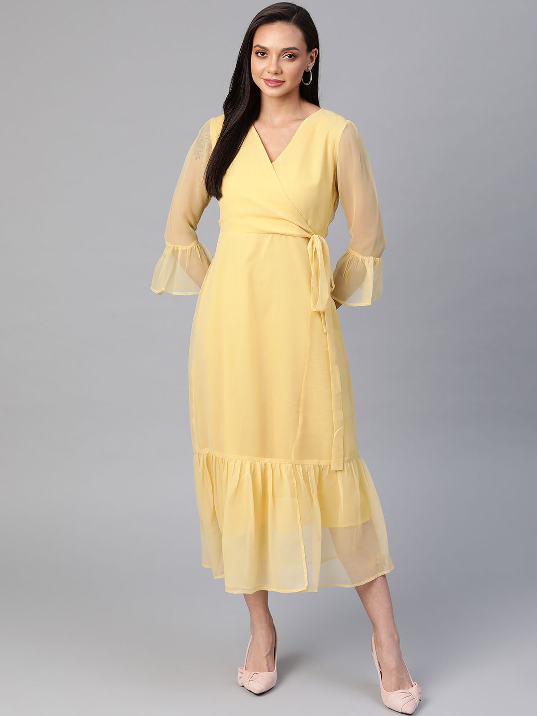 Cottinfab Yellow Solid Georgette Midi Wrap Dress Price in India