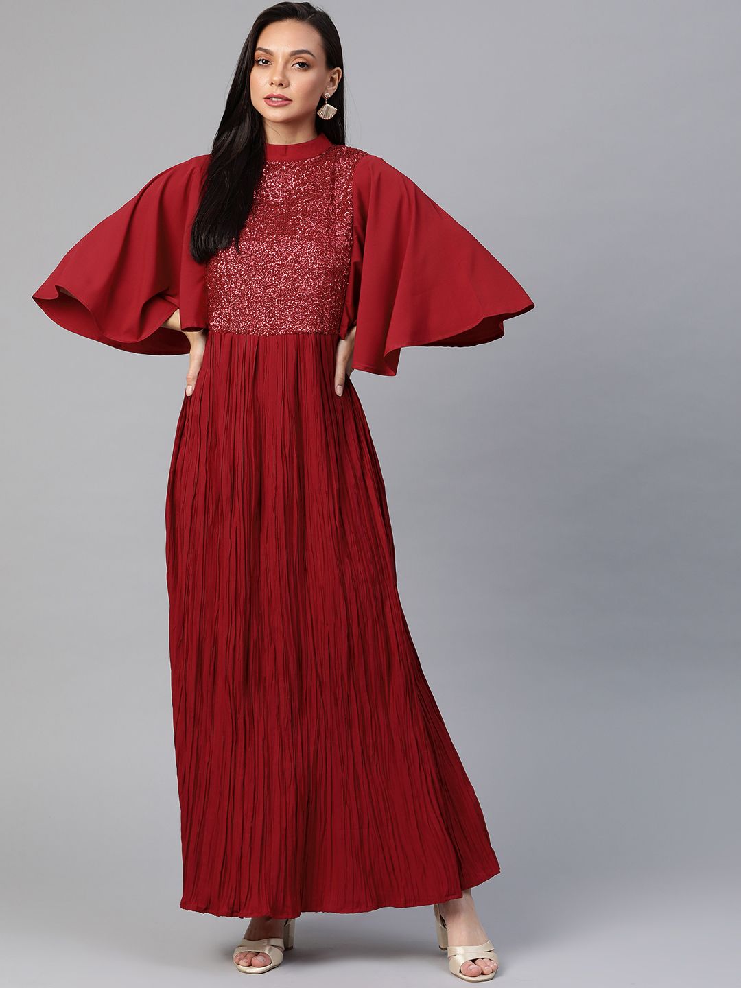 Cottinfab Maroon Embellished Flared Sleeves Maxi Dress Price in India