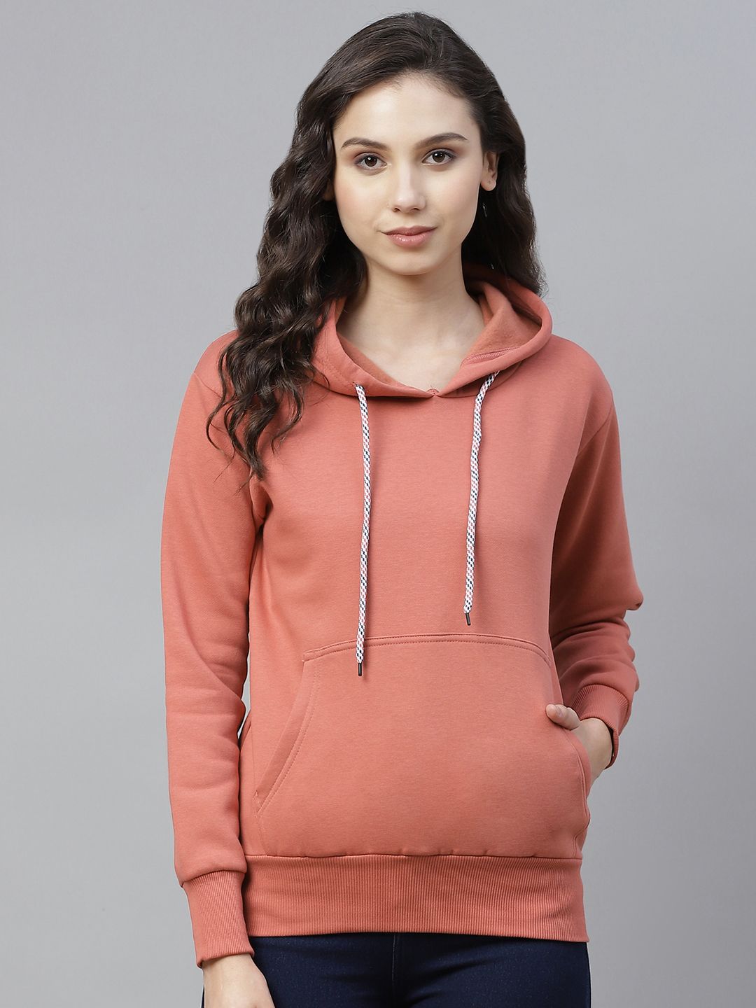 PICOT Women Peach-Coloured Solid Hooded Sweatshirt Price in India