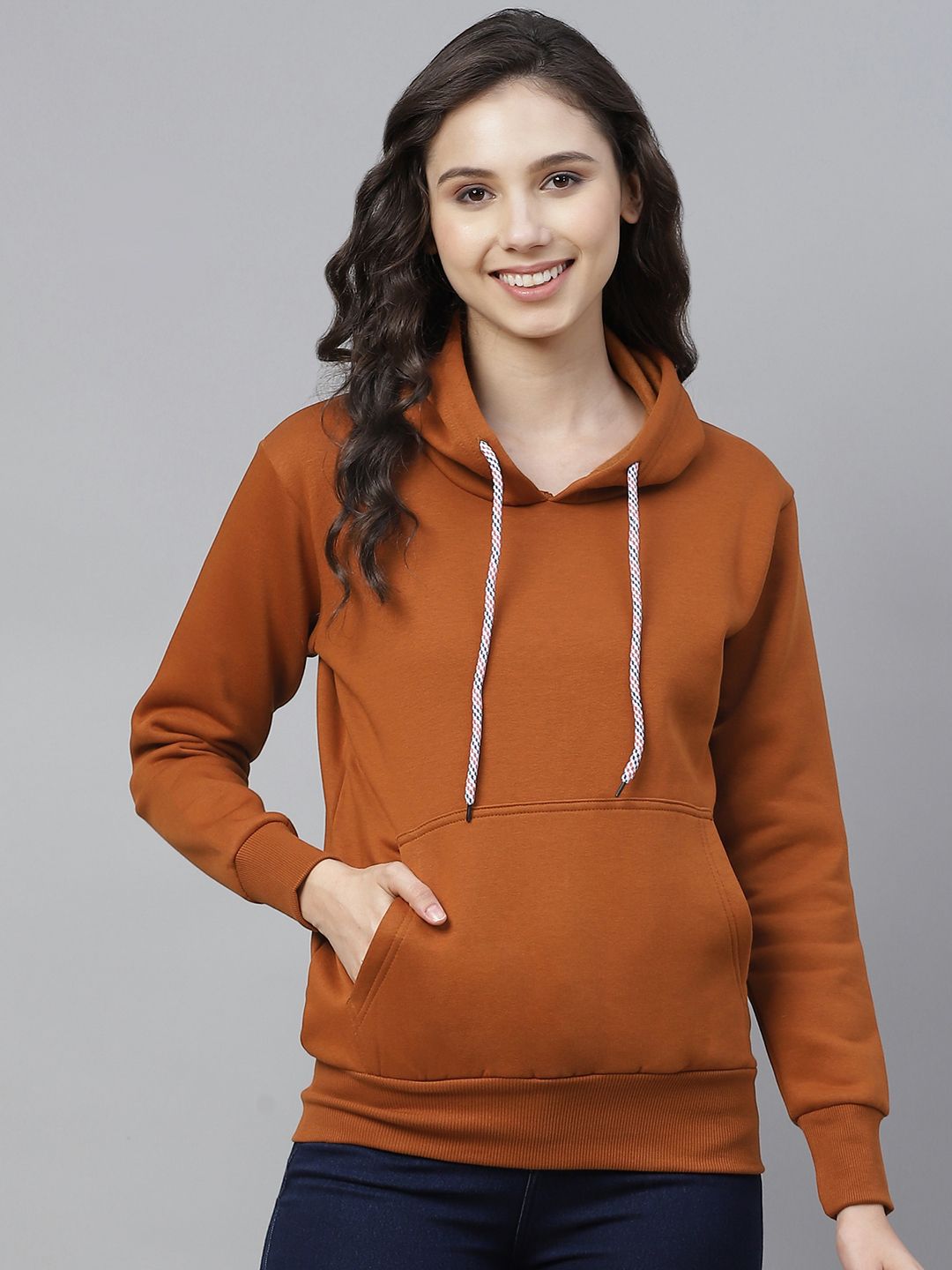 PICOT Women Rust Brown Solid Hooded Sweatshirt Price in India