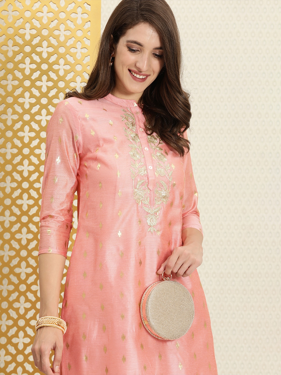 House of Pataudi Women Peach-Coloured & Gold-Toned Floral Embroidered Jashn Kurta Price in India