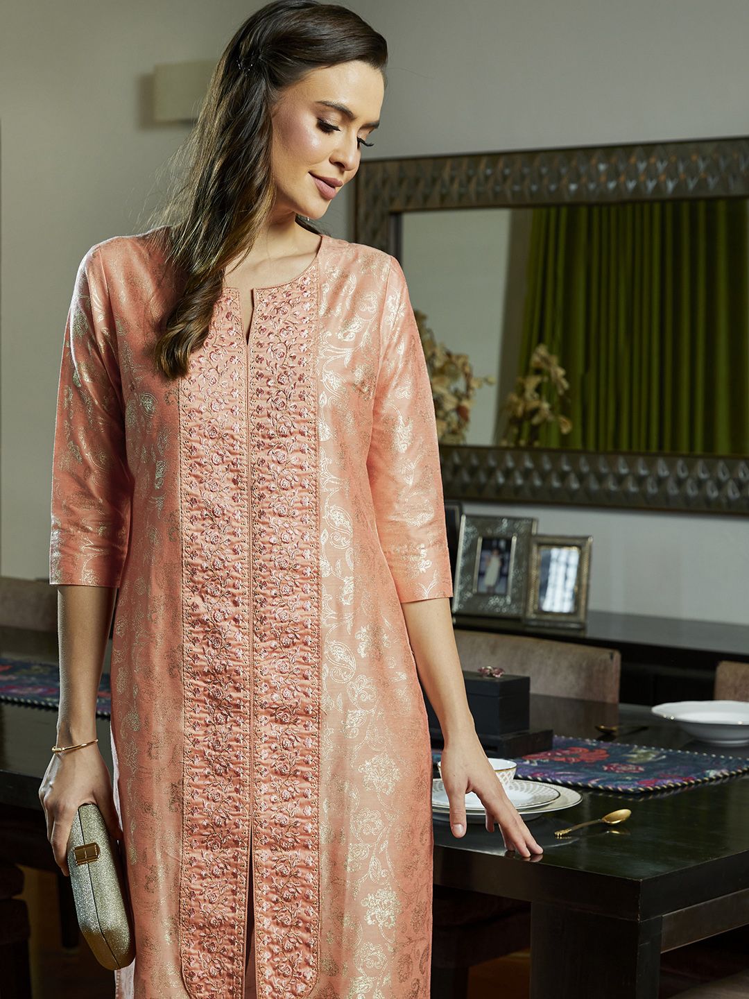 House of Pataudi Women Peach-Coloured & Gold-Toned Floral Embroidered Rozana Kurta