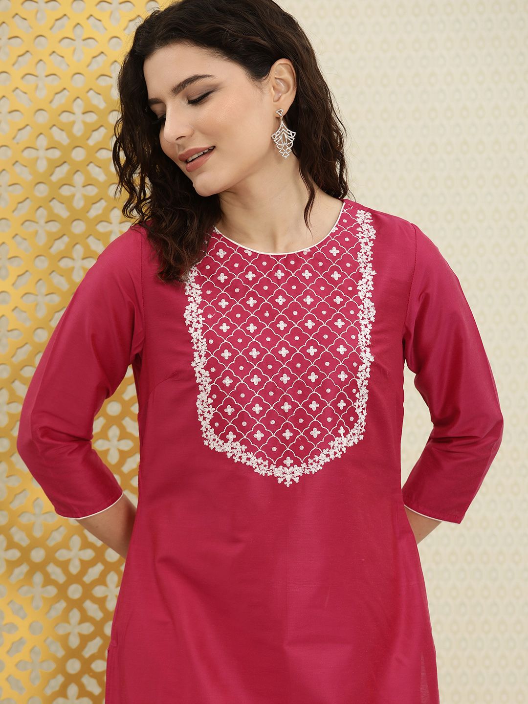 House of Pataudi Women Pink & White Embroidered Rozana Kurta Price in India