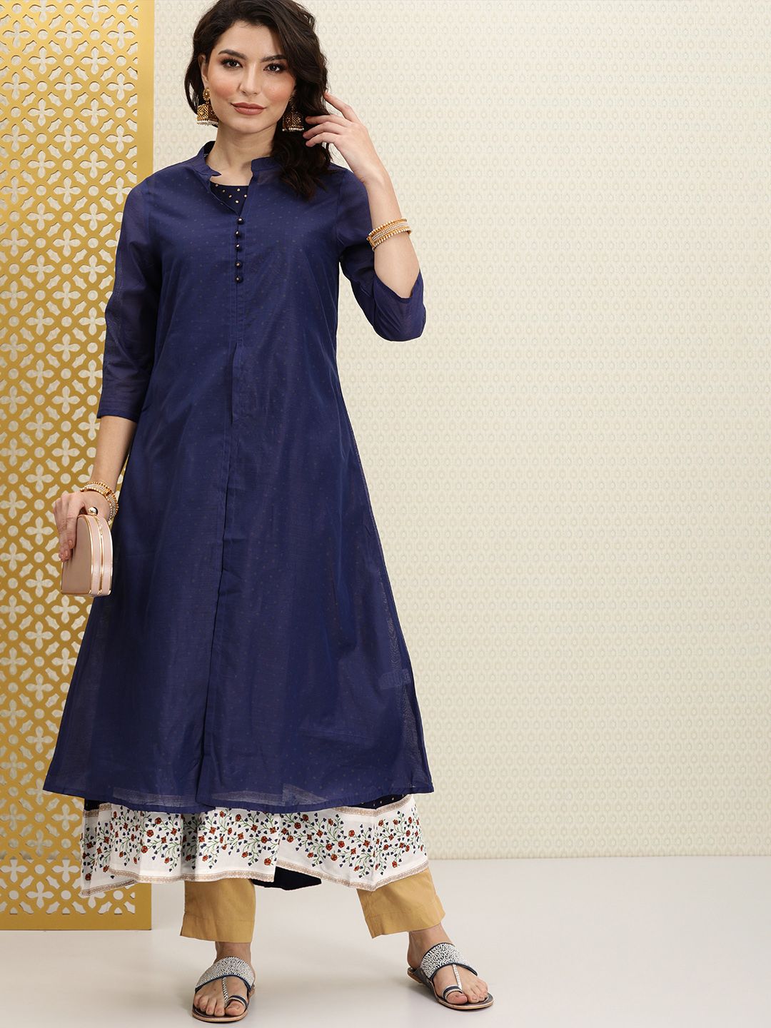 House of Pataudi Women Navy Blue Solid Jashn Layered Kurta Price in India