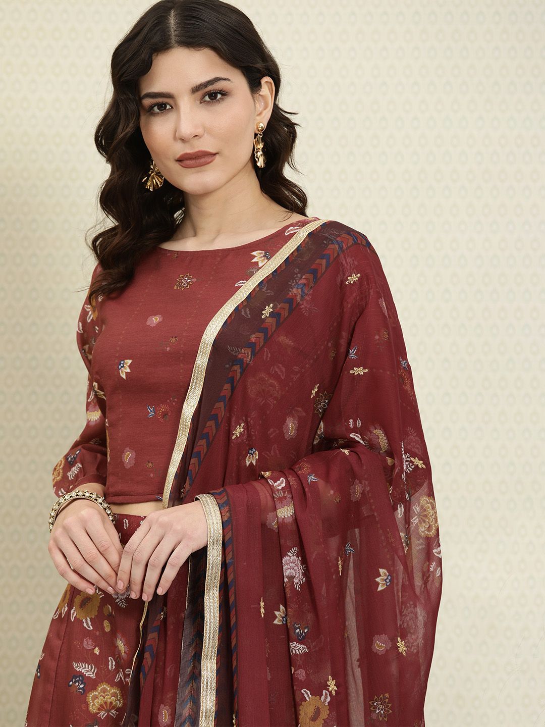 House of Pataudi Maroon Printed Jashn Ready to Wear Lehenga & Blouse With Dupatta Price in India