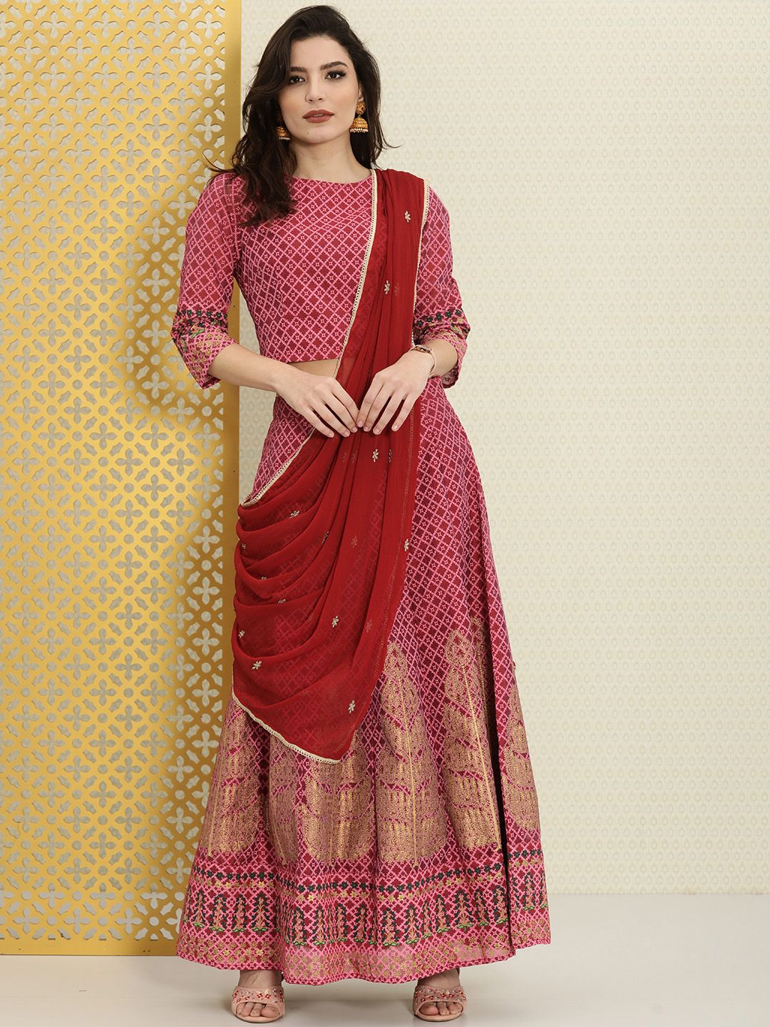 House of Pataudi Red & Pink Printed Ready to Wear Lehenga & Blouse With Dupatta Price in India