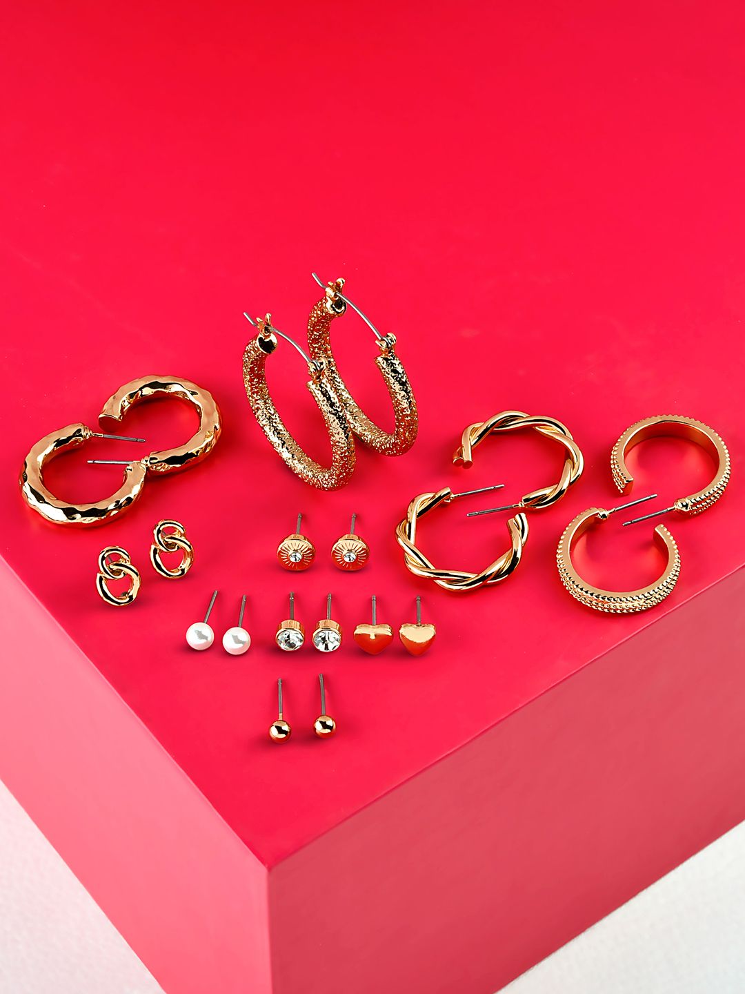 AMI Set of 10 Gold-Toned Contemporary Gold-Plated Stud & Semi-Hoops Earrings Price in India