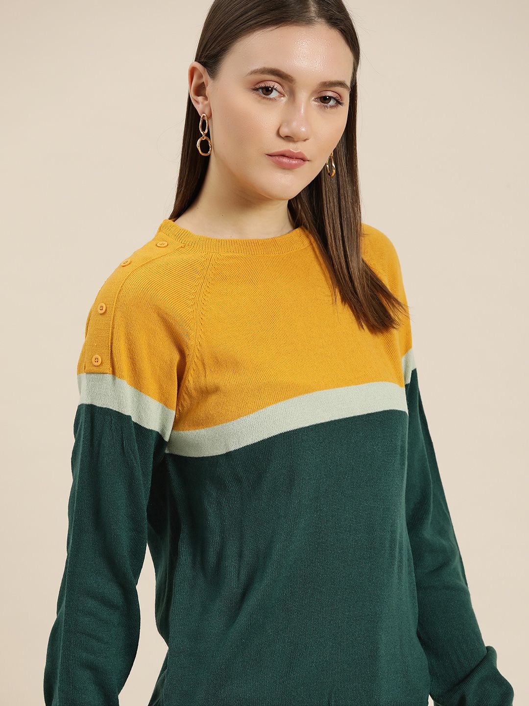 her by invictus Women Green & Mustard Colourblocked Pullover Price in India
