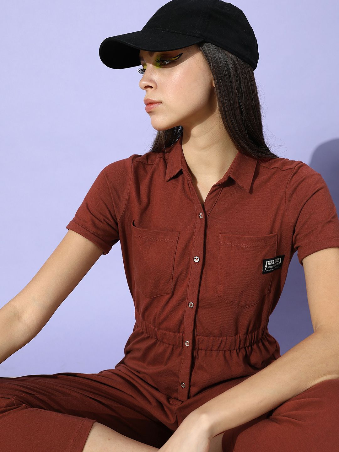 DressBerry Women Charming Maroon Solid Sustainable & Recycled Boiler Jumpsuit Price in India