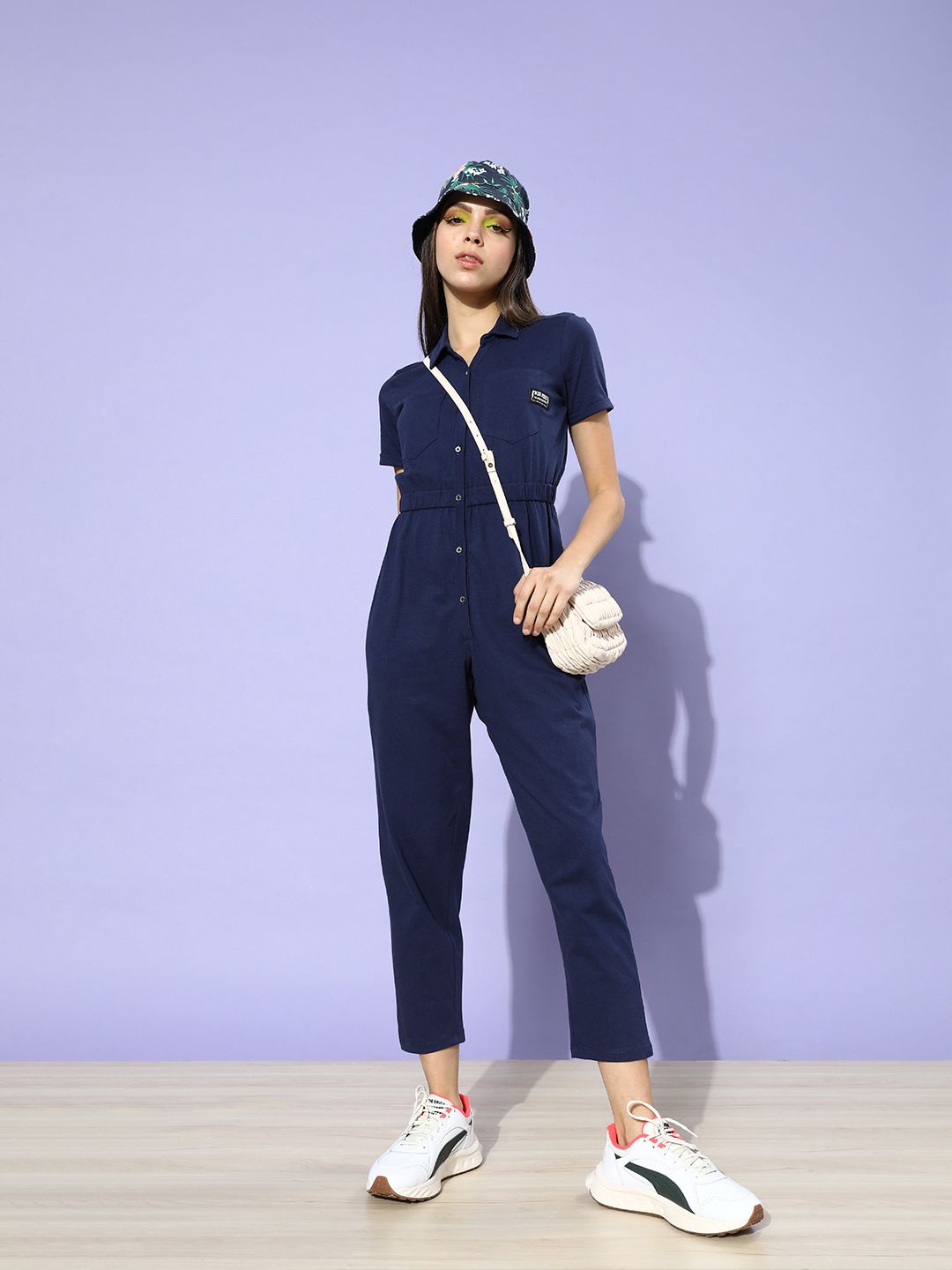 DressBerry Women Deep Navy Blue Solid Sustainable & Recycled Boiler Jumpsuit Price in India