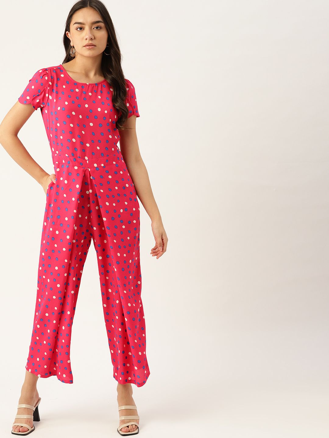 DressBerry Women Pink & Blue Polka Dot Print Pleated Detail Basic Jumpsuit Price in India