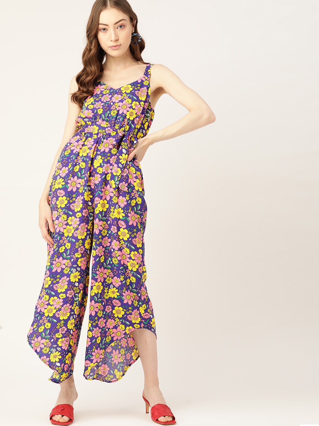 DressBerry Women Purple & Yellow Floral Print Basic Jumpsuit with Belt Price in India