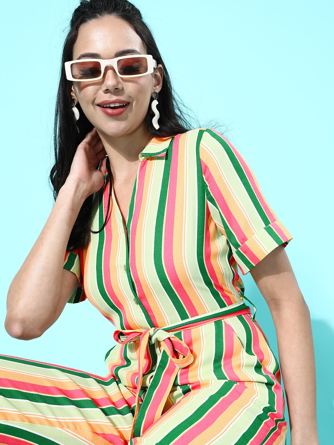 DressBerry Woman Multi-coloured Striped Belted Jumpsuit Price in India