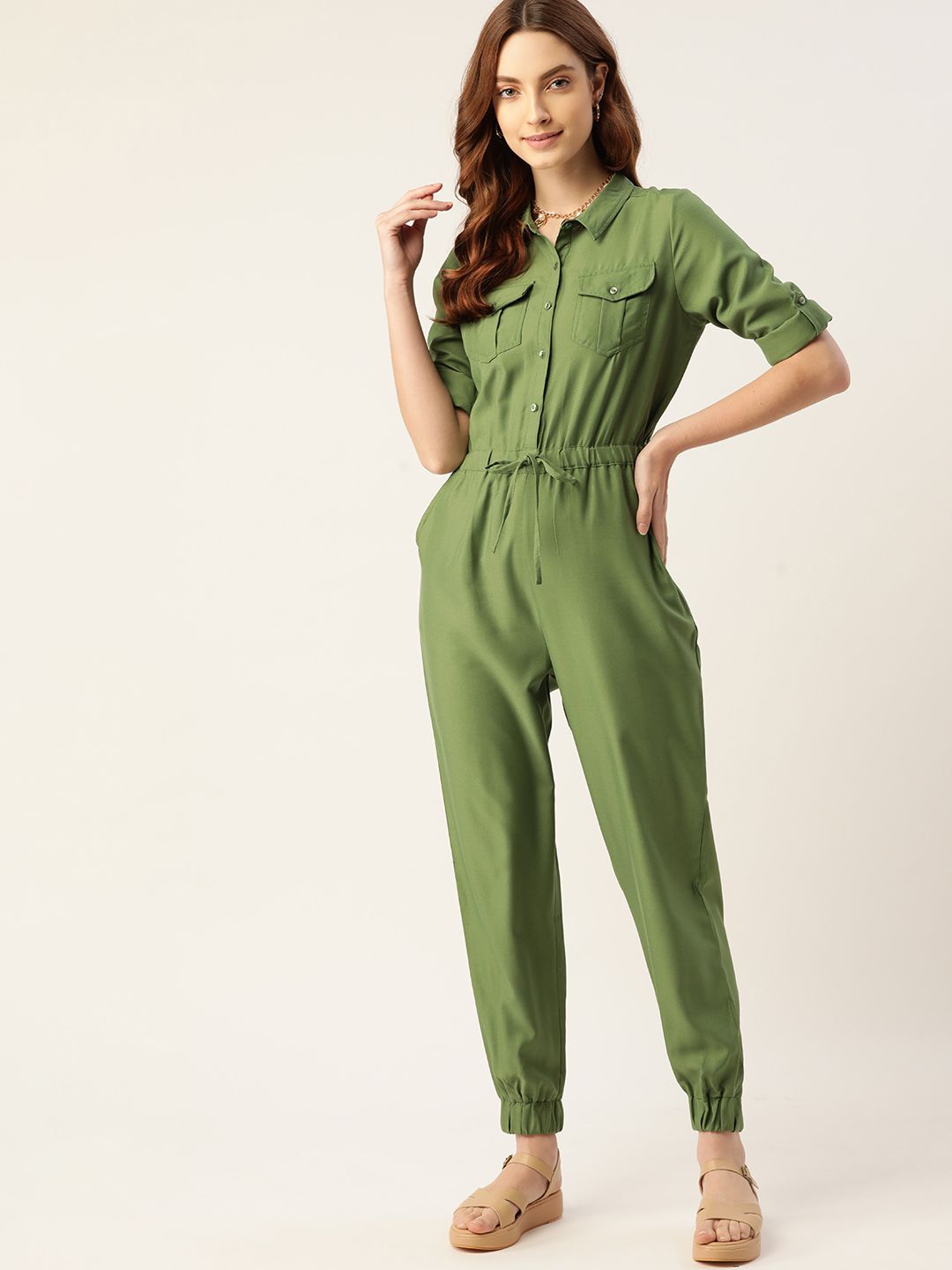 DressBerry Olive Green Solid Basic Jumpsuit Price in India