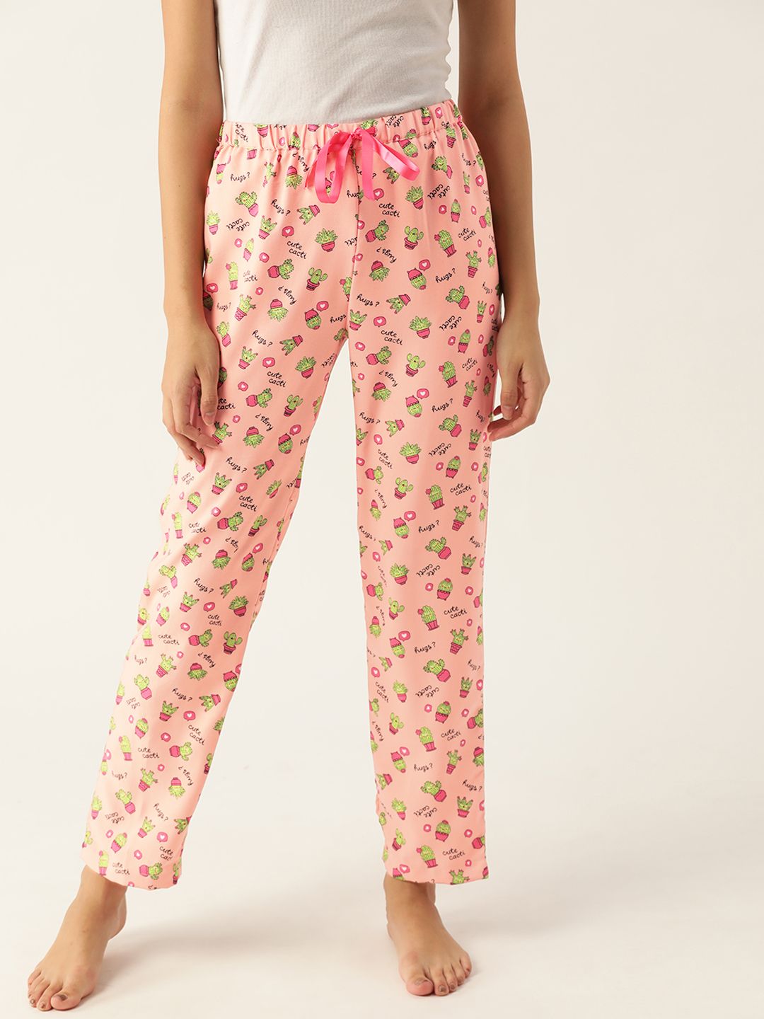 DressBerry Women Peach- Coloured  & Green Graphic Printed Lounge Pants Price in India