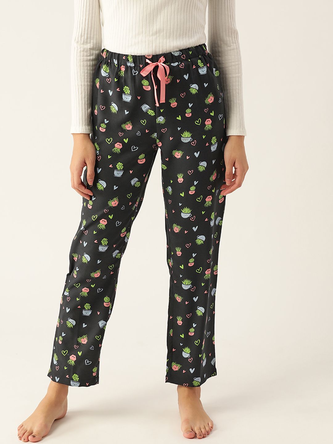 DressBerry Women Black & Pink Graphic Printed Lounge Pants Price in India