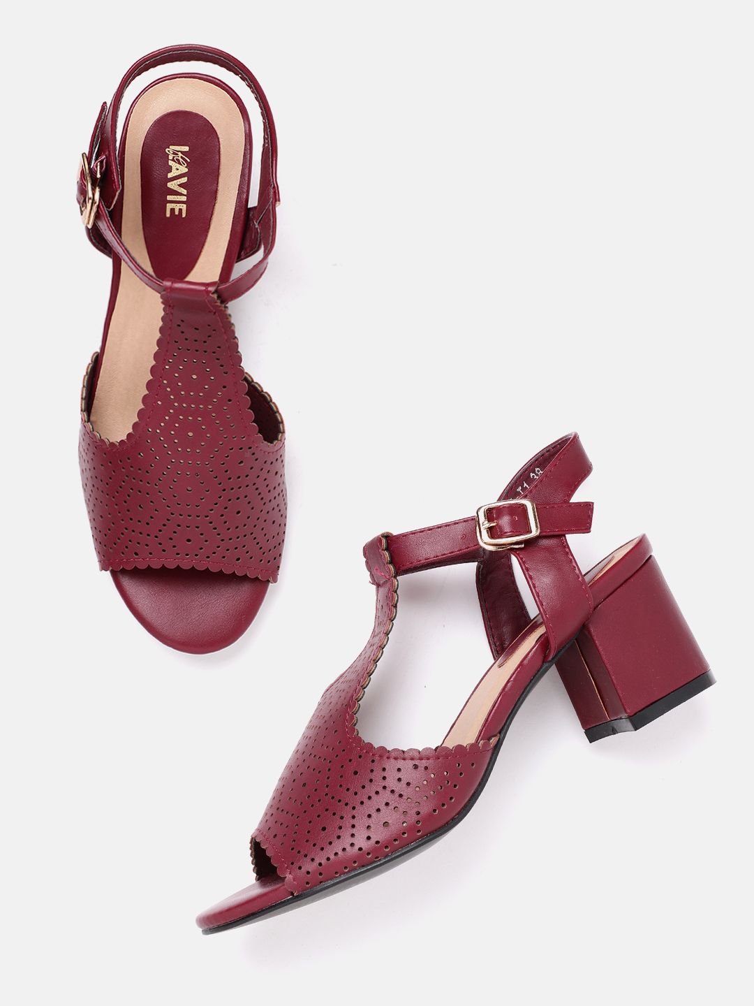 Lavie Maroon Textured Block Heels with Laser Cuts Price in India