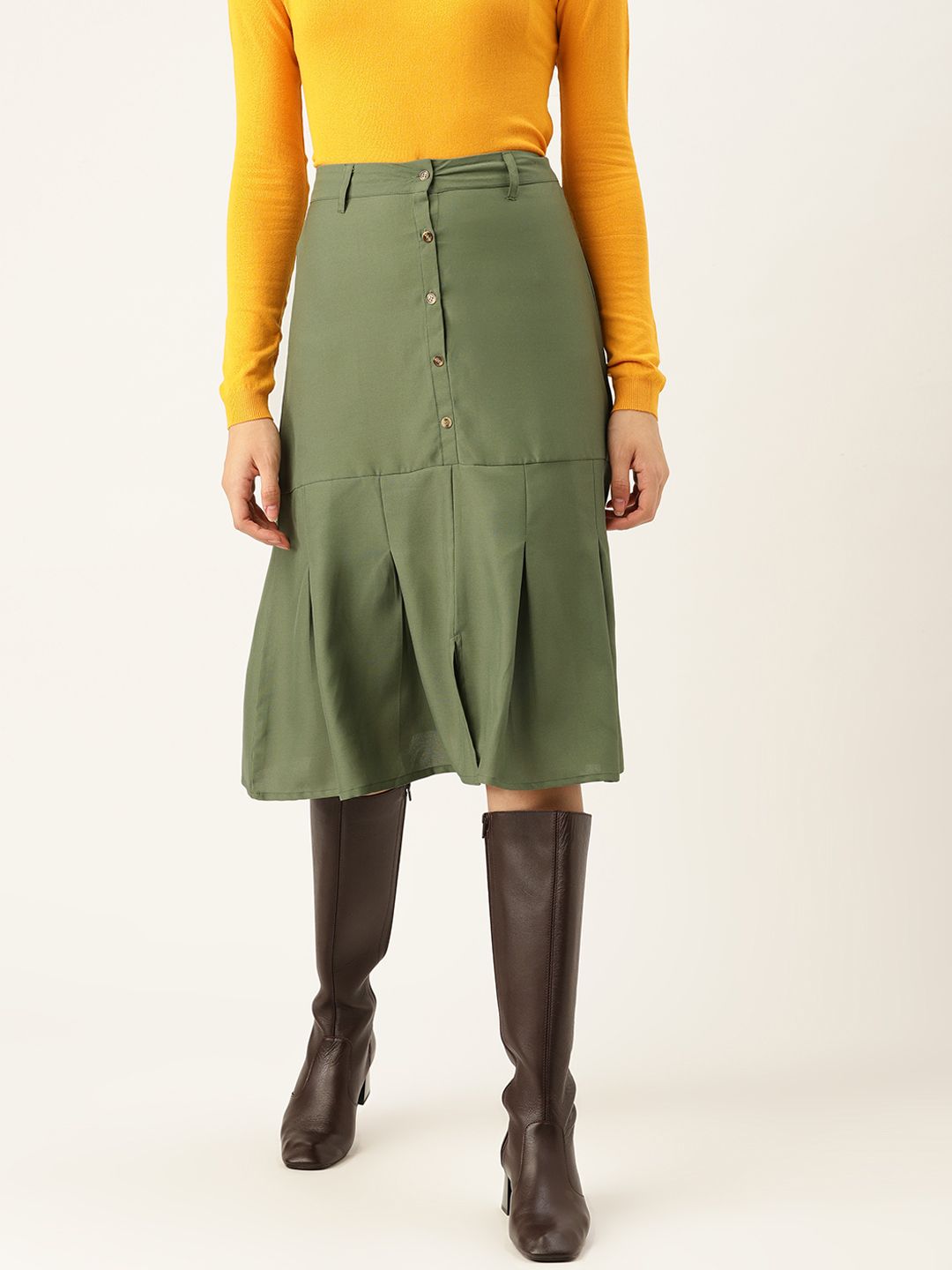DressBerry Women Olive Green Solid Midi A-Line Skirt