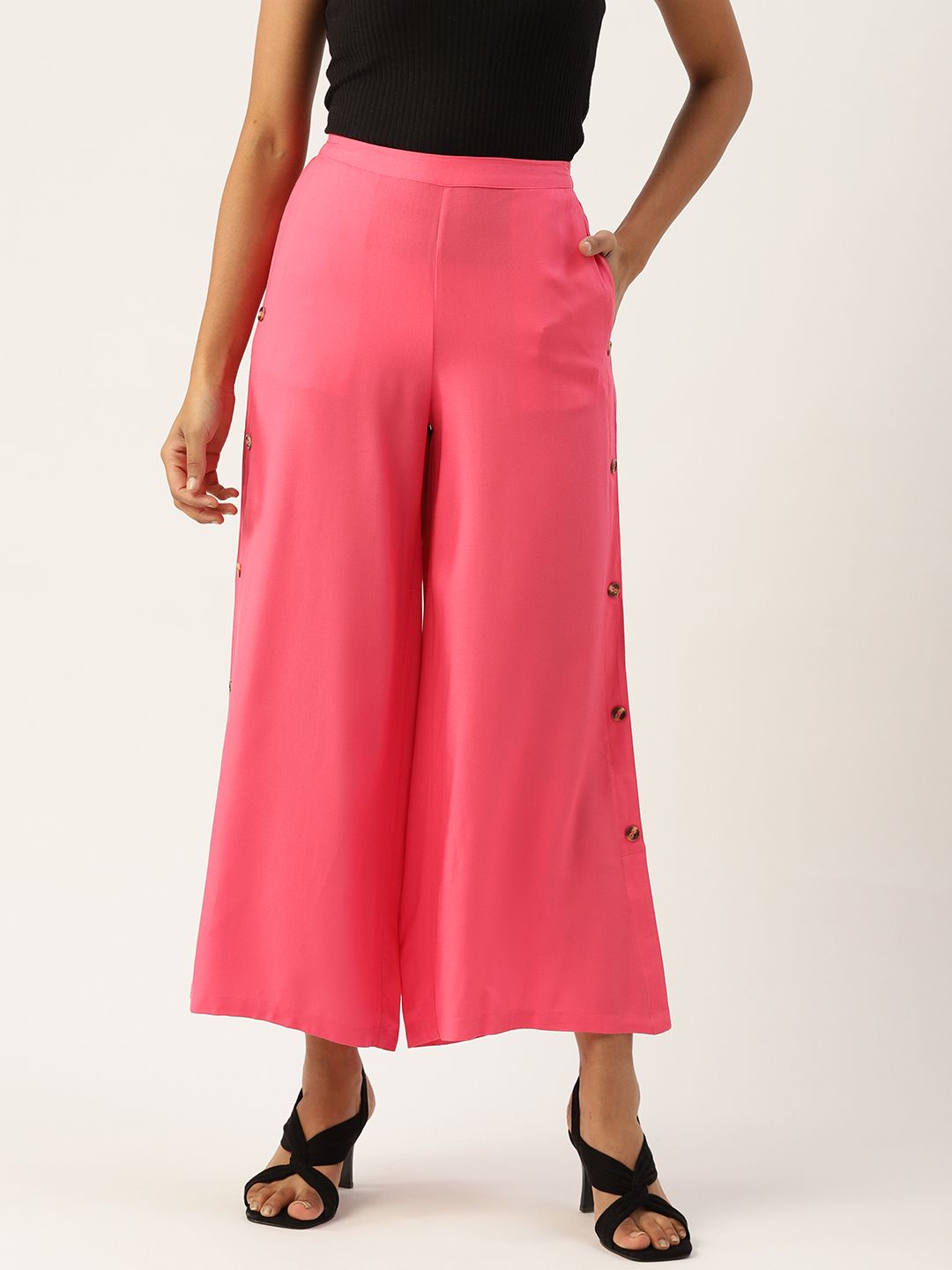DressBerry Women Pink EcoVero Solid Flared Parallel Trousers Price in India