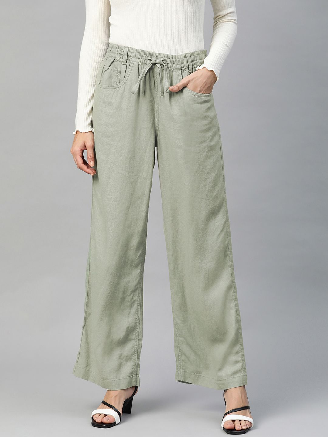 Marks & Spencer Women Green Solid Trousers Price in India