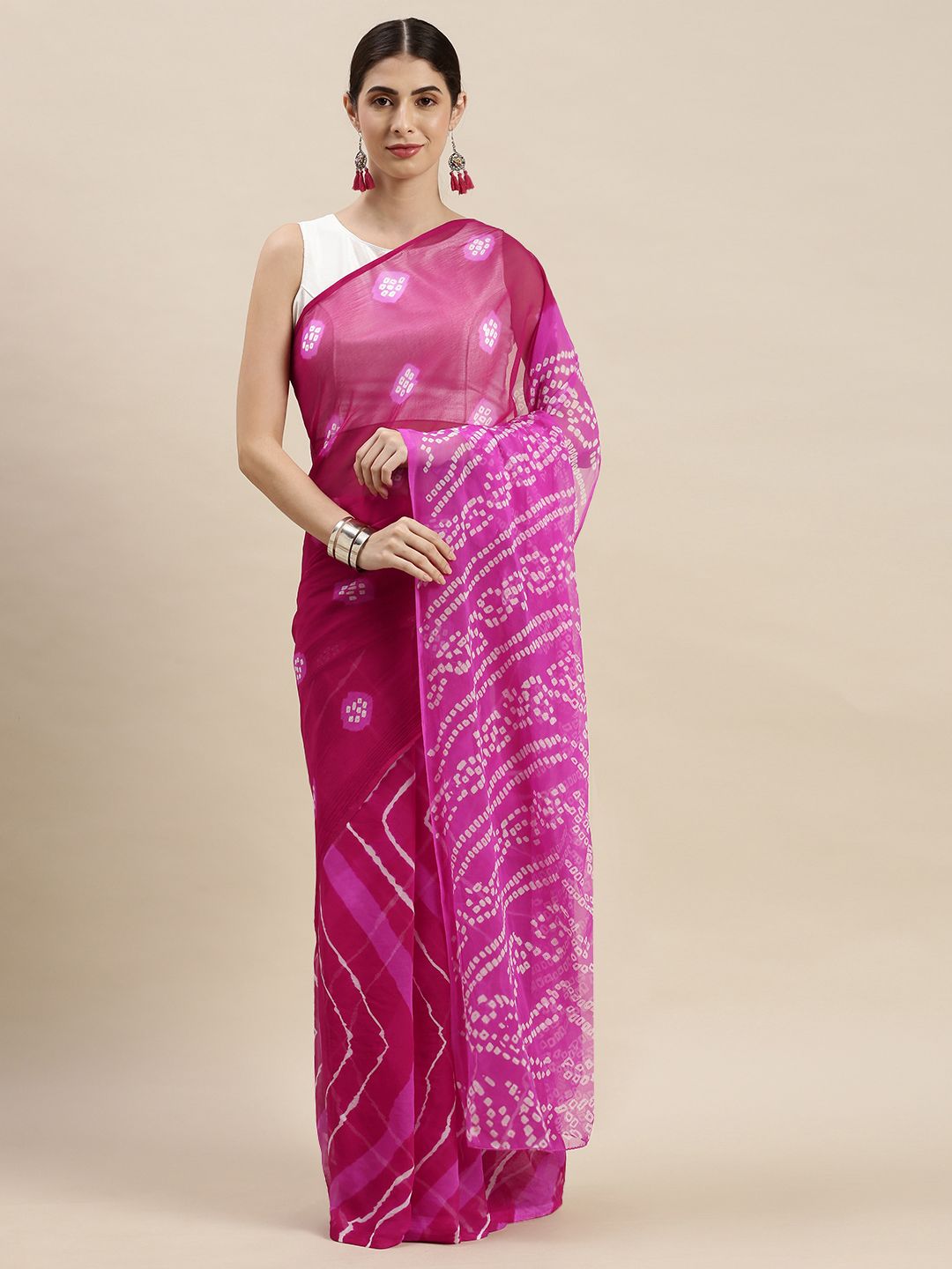Geroo Jaipur Pink & White Bandhani Saree