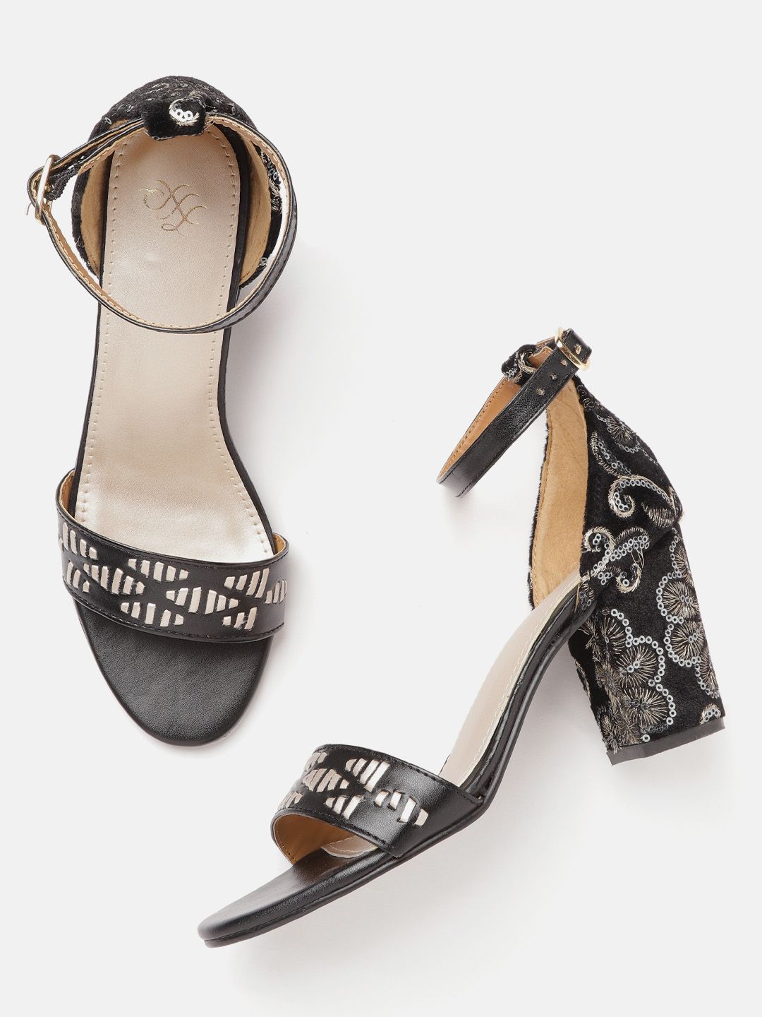 House of Pataudi Black & Gold-Toned Handcrafted Ethnic Patterned & Sequinned Block Heels Price in India