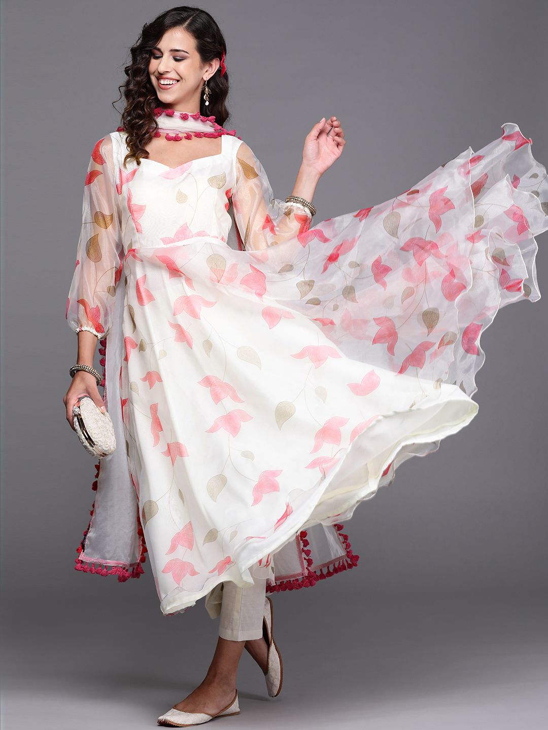 Inddus Women Off White & Pink Floral Printed Kurta with Trousers & Dupatta Price in India