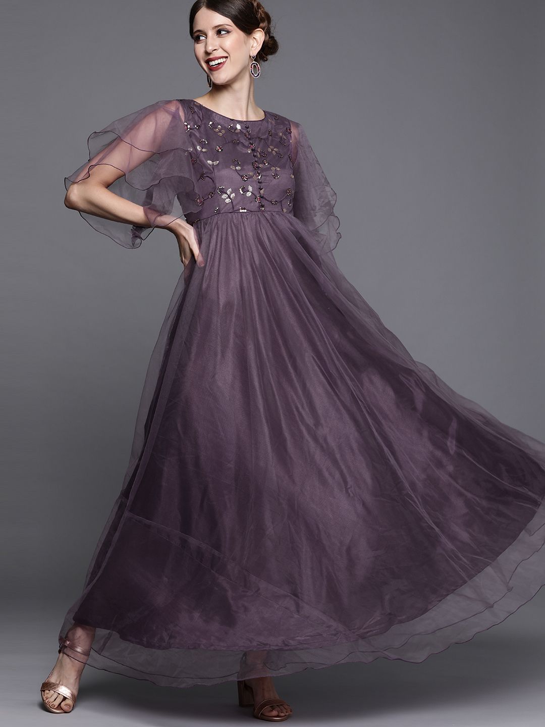 Inddus Women Mauve Floral Sequinned Embroidered Sheer Festive Gown Price in India
