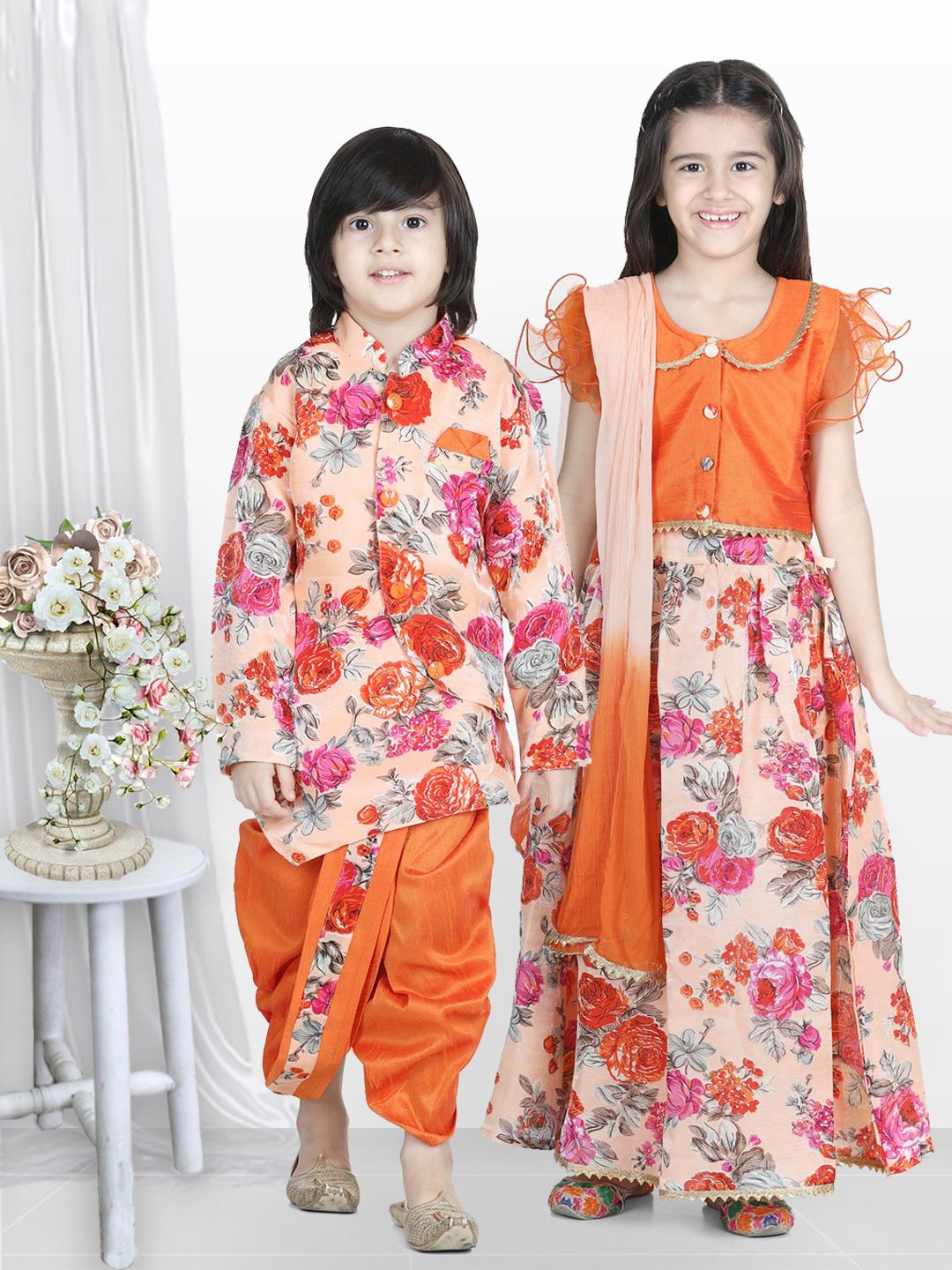 BownBee Boys Orange & Peach-Coloured  Floral Printed Sherwani Set