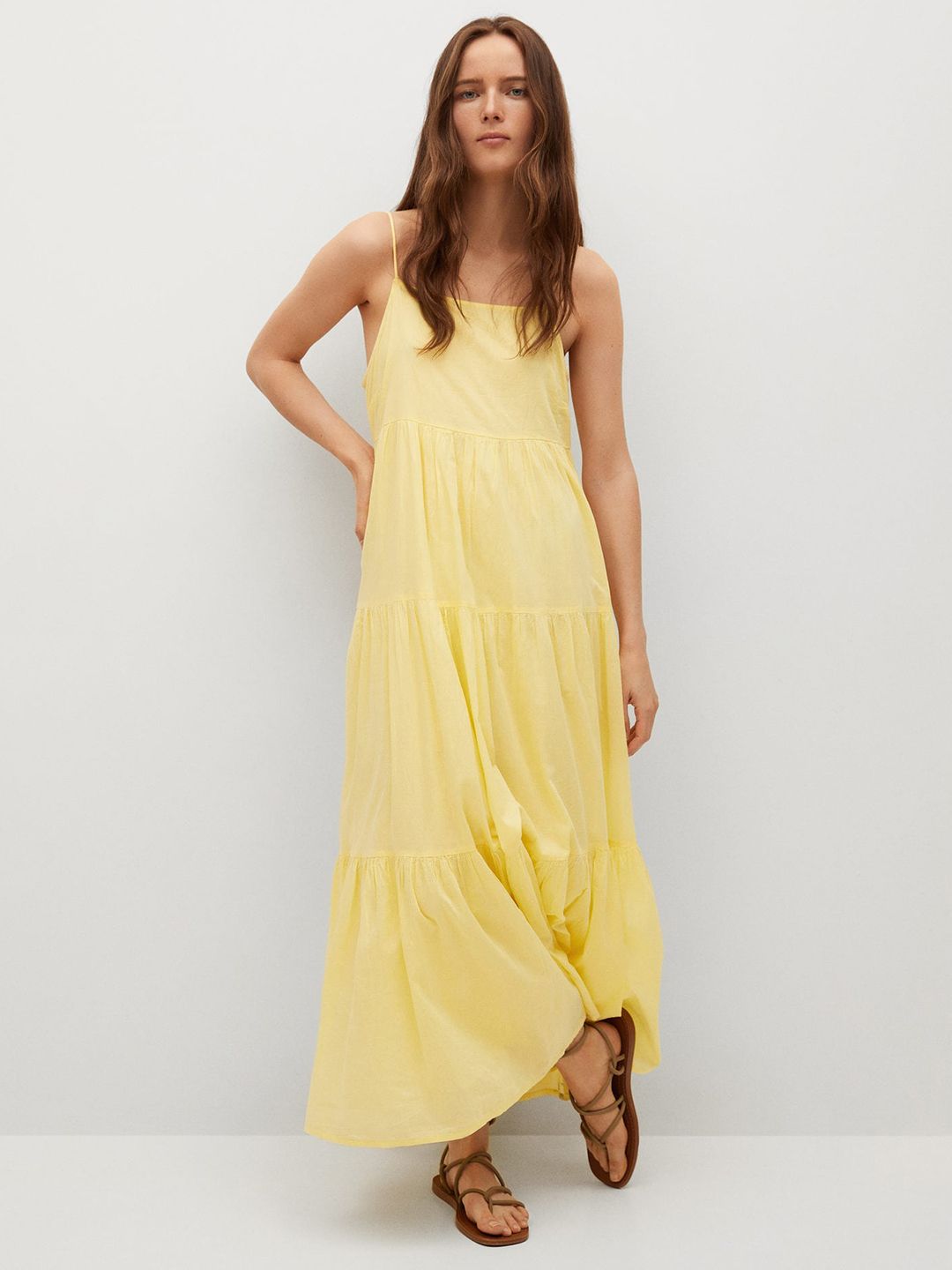 MANGO Yellow Pure Cotton Solid Maxi Dress Price in India