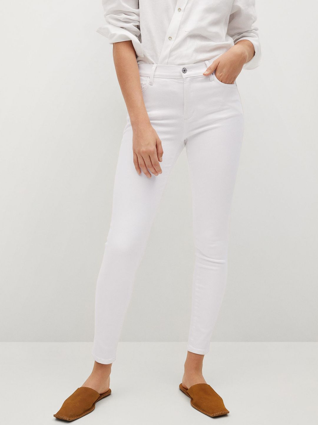 MANGO Women White Solid Skinny Fit Stretchable Jeans Price in India
