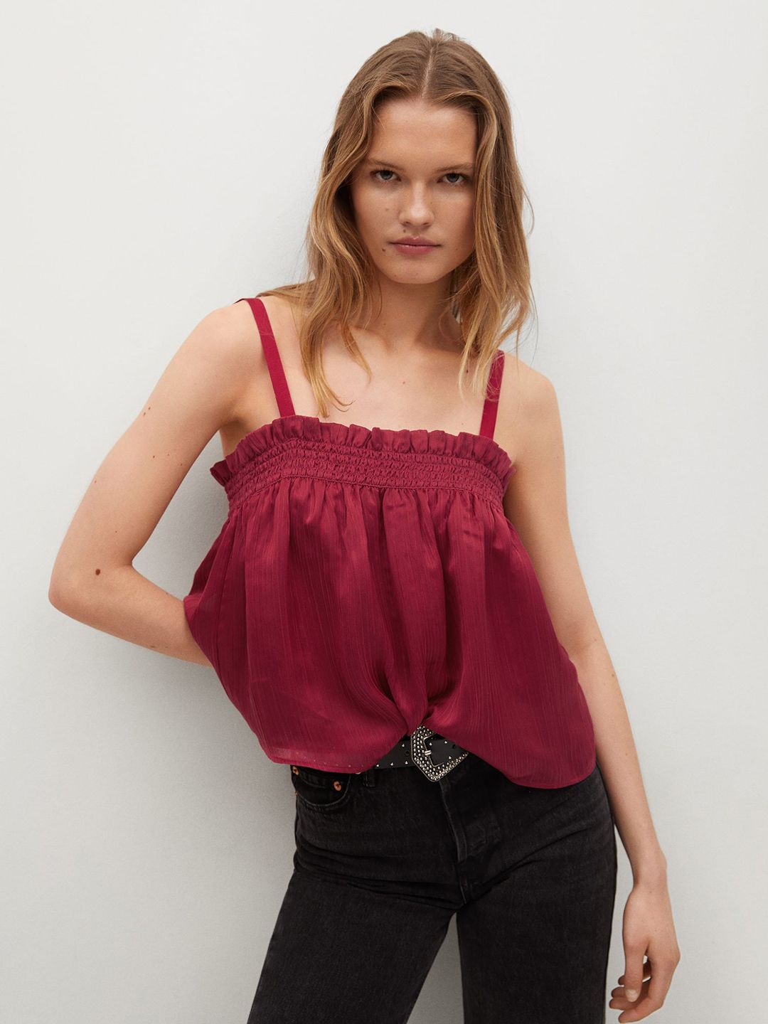 MANGO Maroon Solid Smocked A-line Top