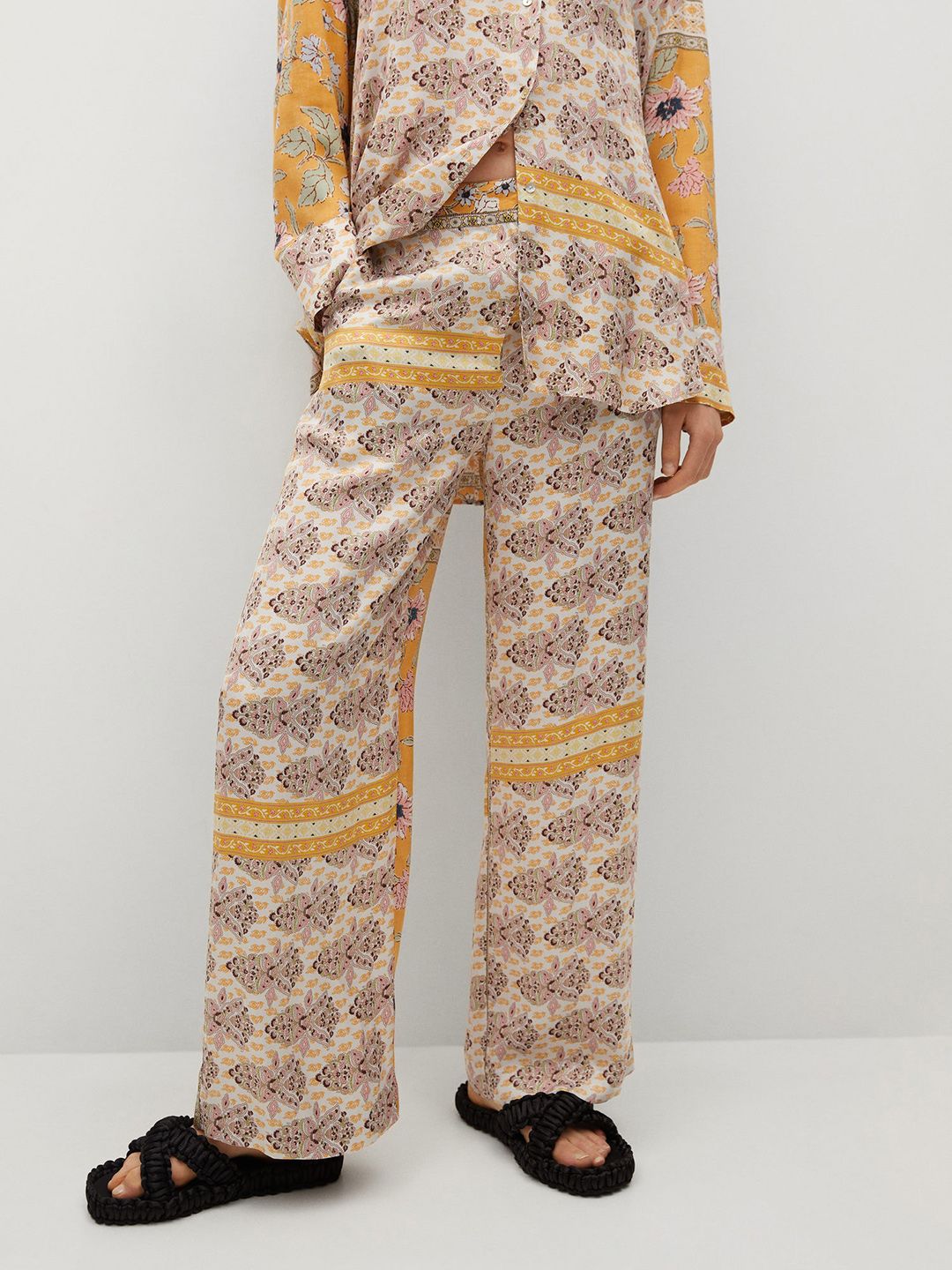 MANGO Women Beige & Mustard Yellow Ethnic Motifs Printed Parallel Trousers Price in India