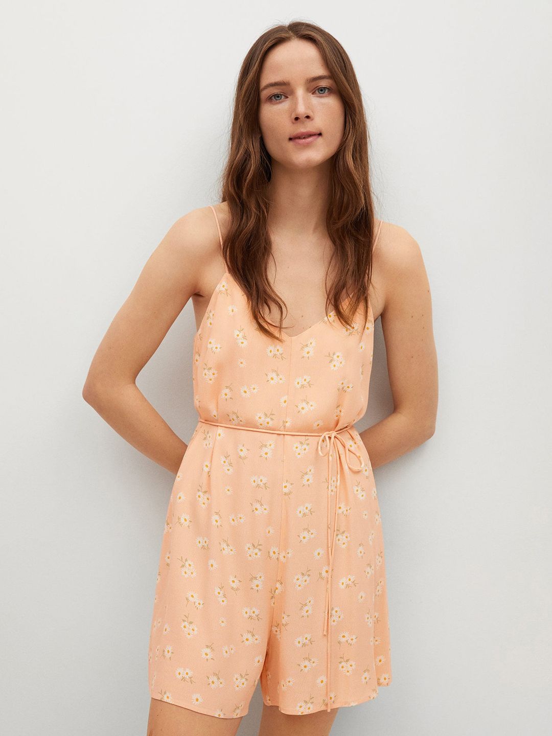 MANGO Peach Coloured & White Floral Print Jumpsuit with Belt Price in India