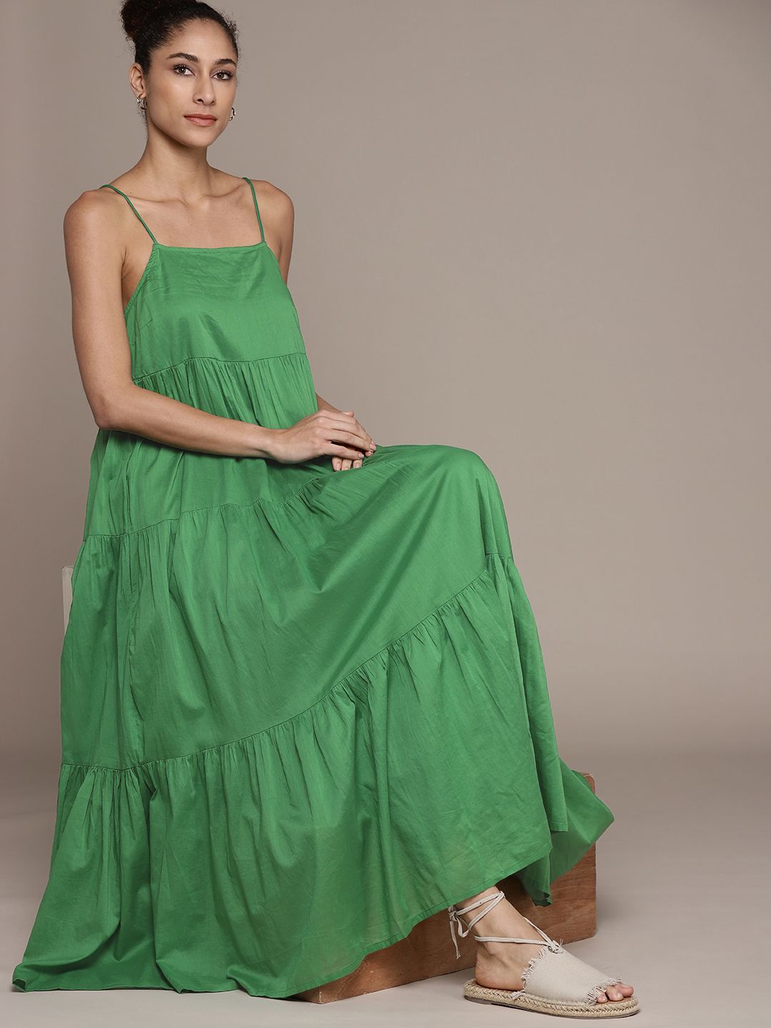 MANGO Green Solid Cotton Tiered Maxi Dress Price in India