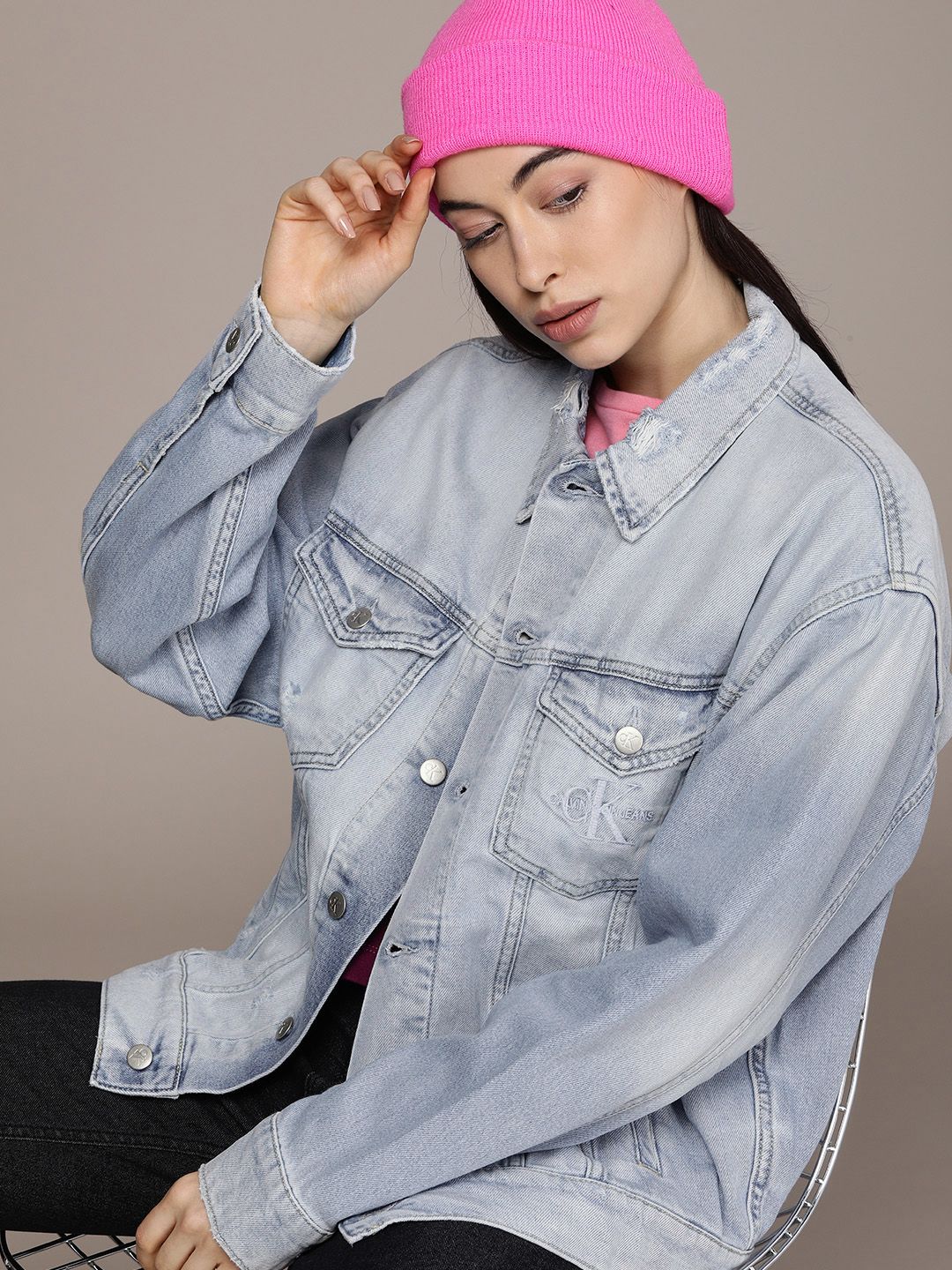 Calvin Klein Jeans Women Blue Washed Colourblocked Denim Jacket Price in India
