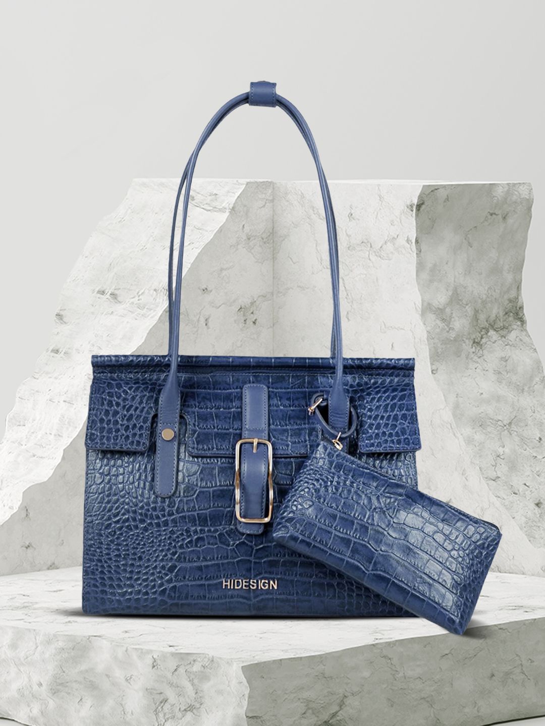 Hidesign Blue Animal Textured Leather Structured Handheld Bag Price in India