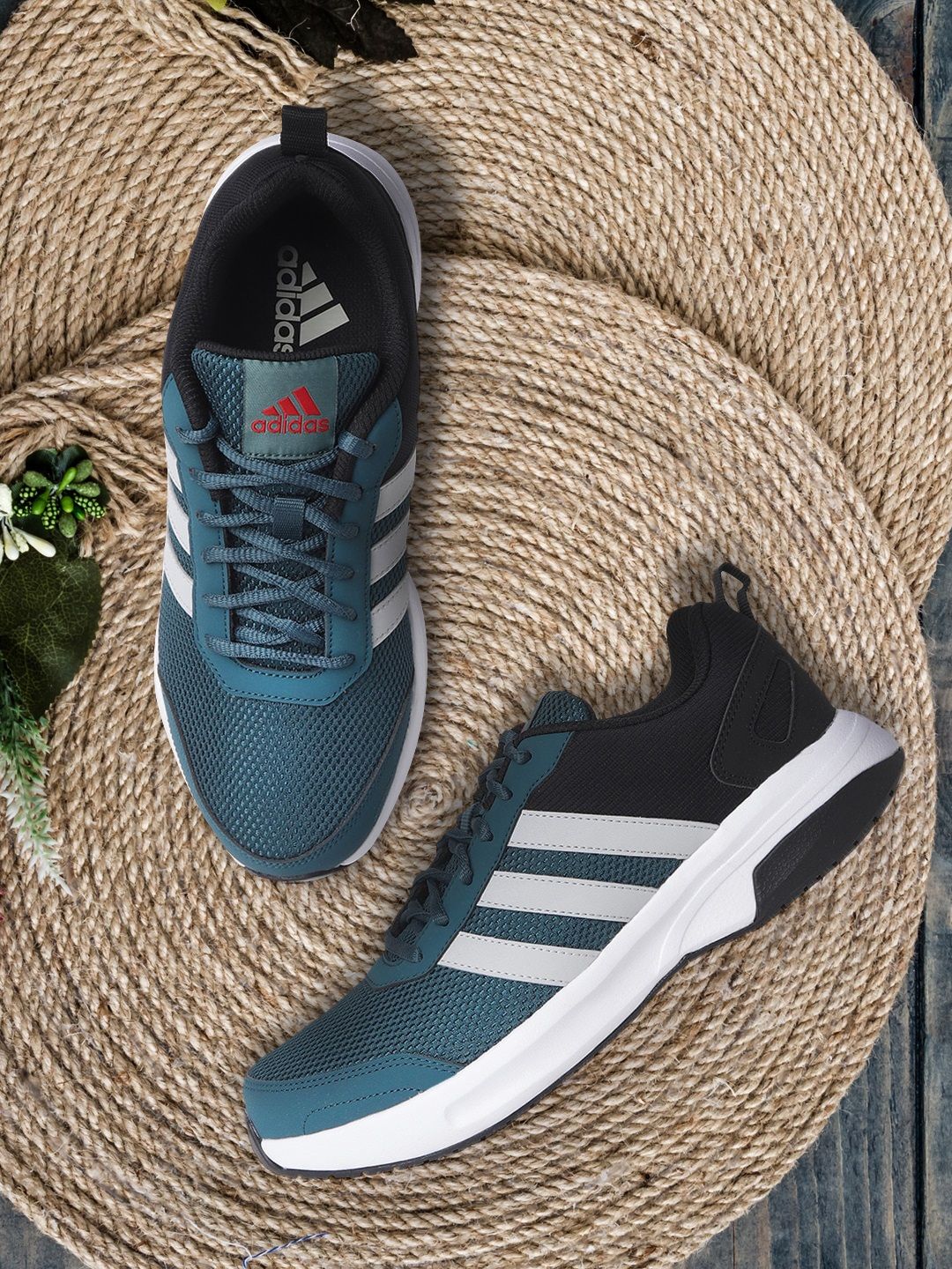 ADIDAS Men Teal Blue & Black Woven Design Adiglide Running Shoes