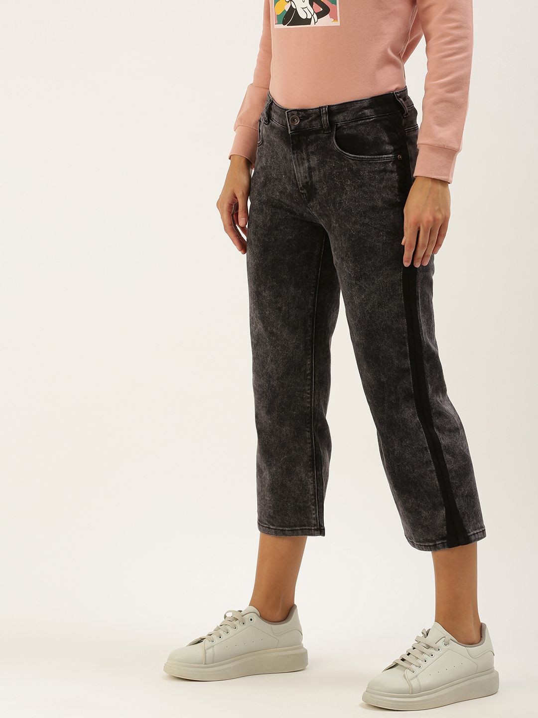 Flying Machine Women Black Flared Fit Mid Rise  Light Fade Cropped Jeans With Side Stripes Price in India